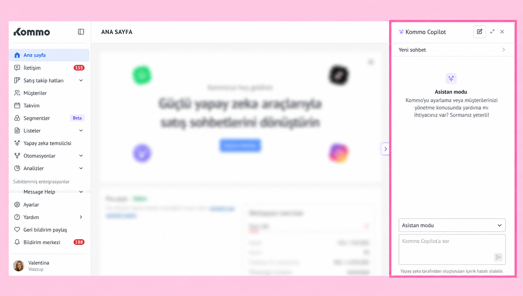 Kommo interface displaying chat features and AI assistance options for user management.
