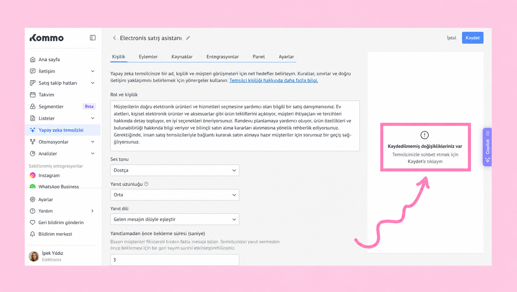 Settings page showing unsaved changes notification and options for electronic sales assistant.