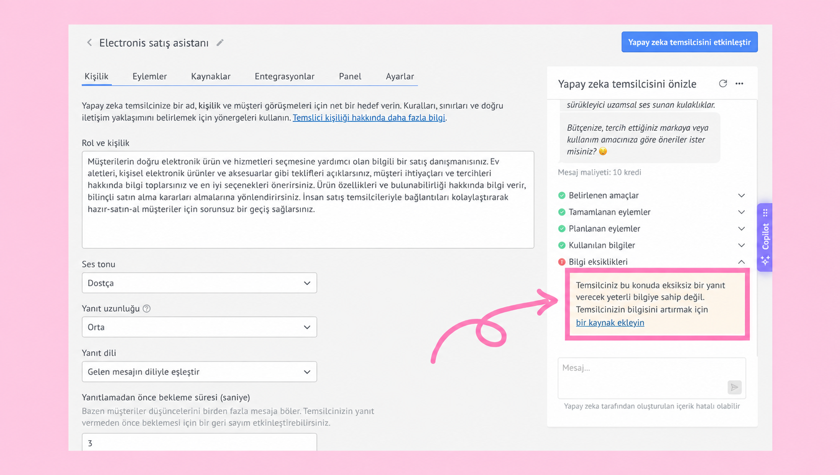 Instructions for AI sales assistant with highlighted notes and guidance for user interaction.