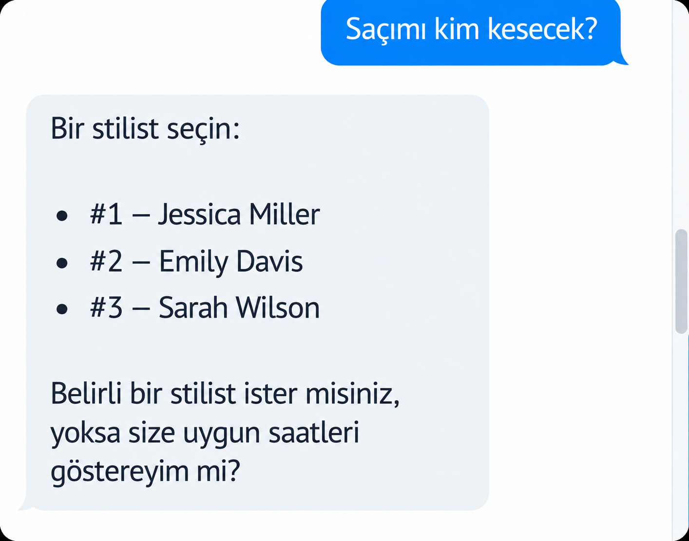 A selection of stylists with names and a question about hair cutting.