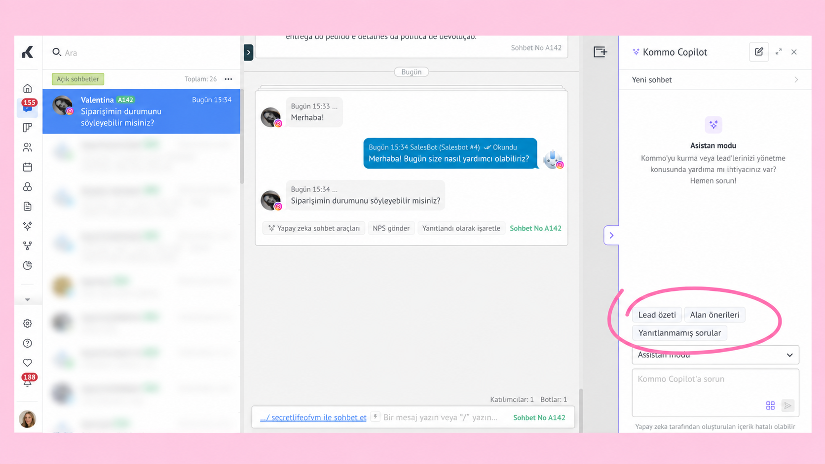Chat interface showing conversation and highlighted options for lead management assistance.