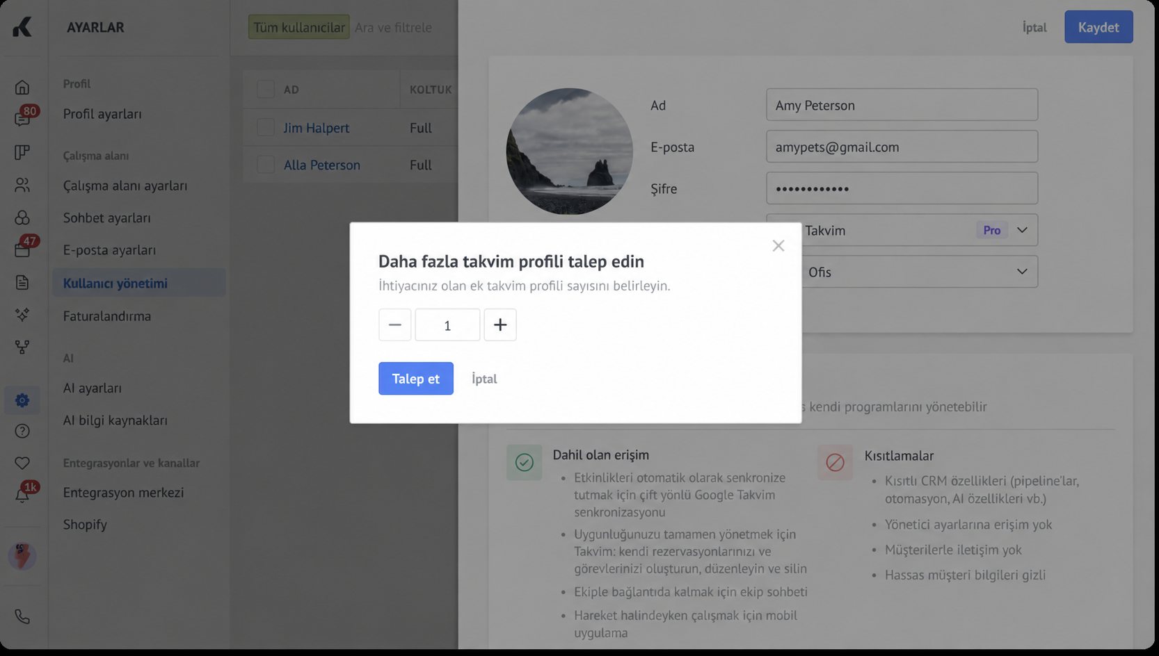 User management settings with options to request additional calendar profiles displayed prominently.