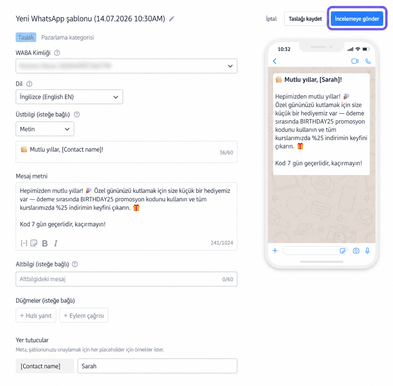WhatsApp template for birthday message with promotional code and recipient details.
