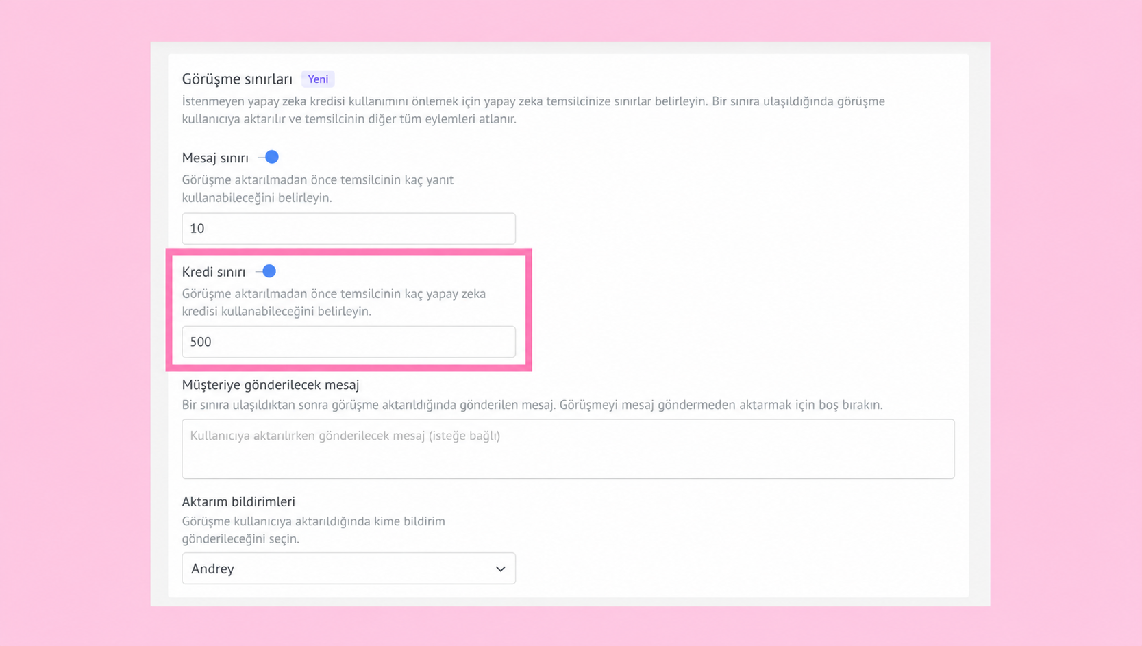 Settings for AI credit limits and message restrictions in a user interface.