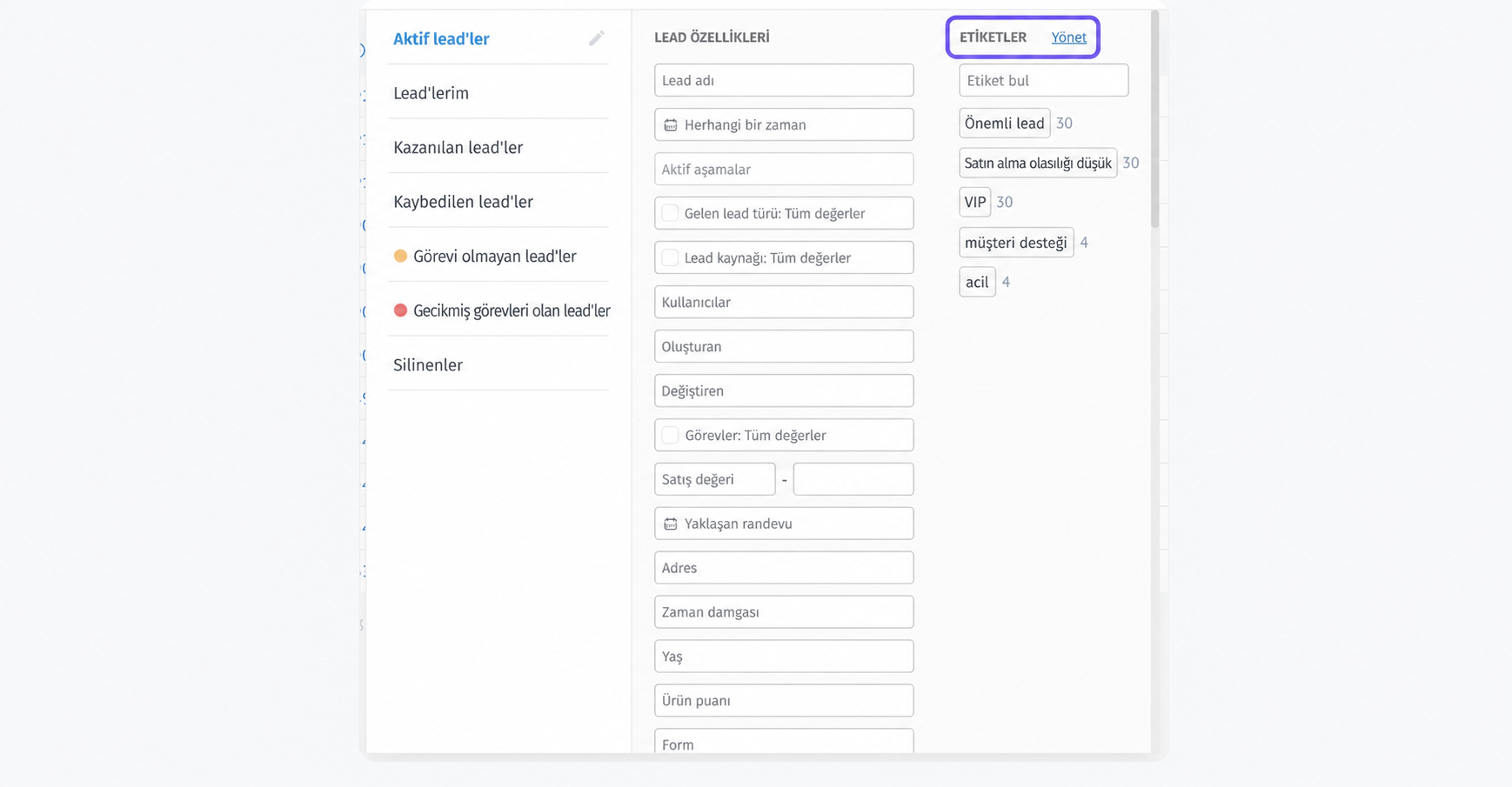 User interface displaying lead management features and options for categorizing leads.