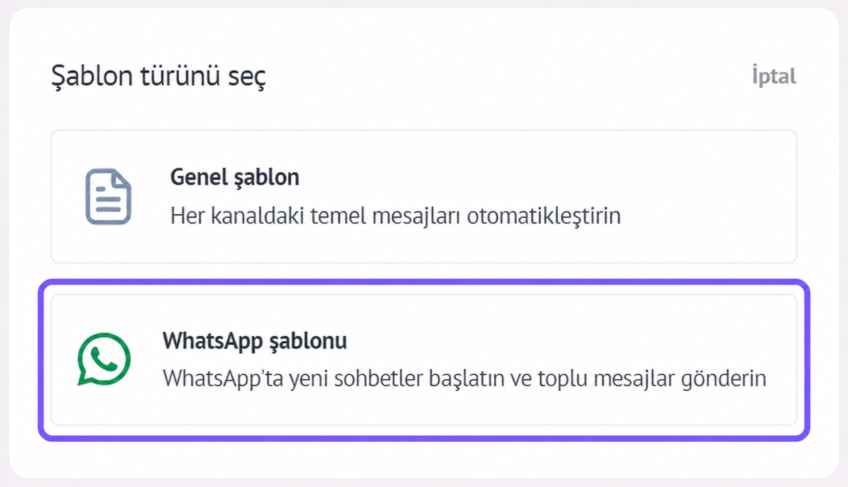Selection screen for template types including WhatsApp and general templates.