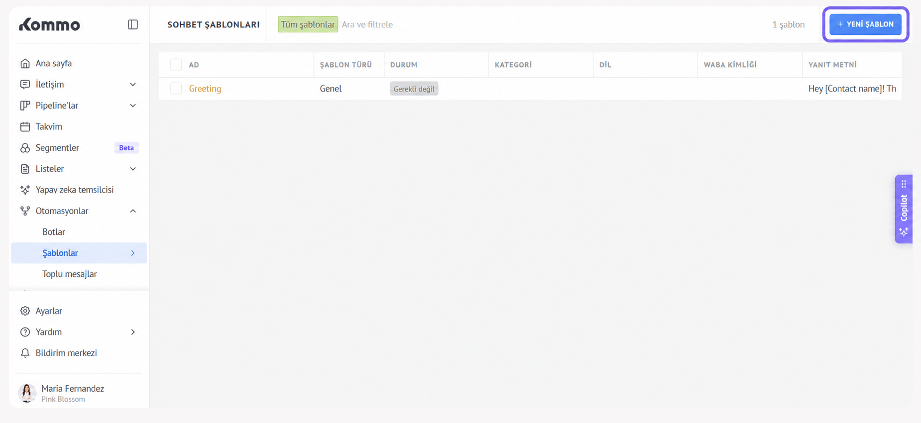 User interface displaying chat templates with options to create new templates.