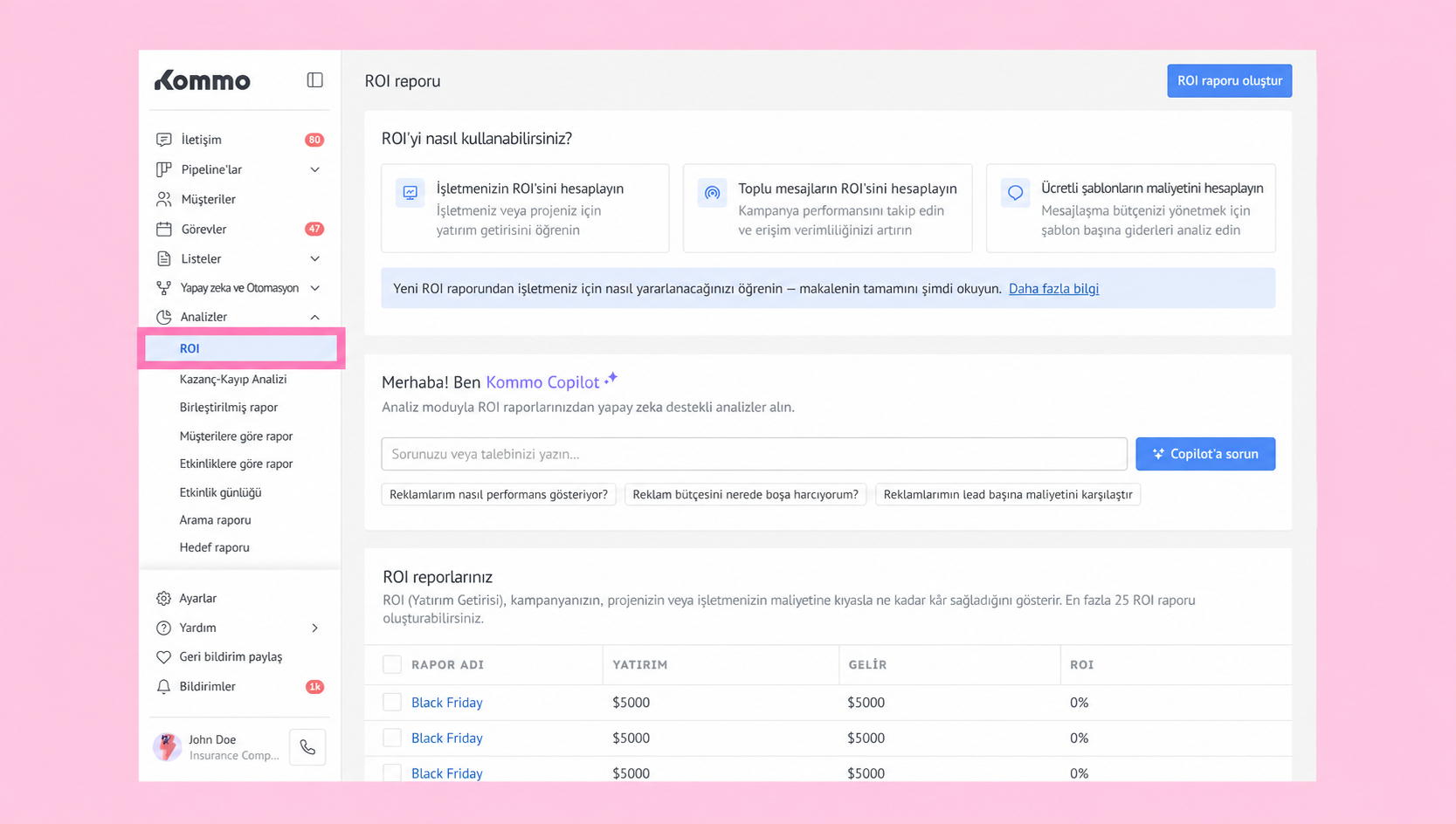 Kommo dashboard displaying ROI report options and user interaction features.