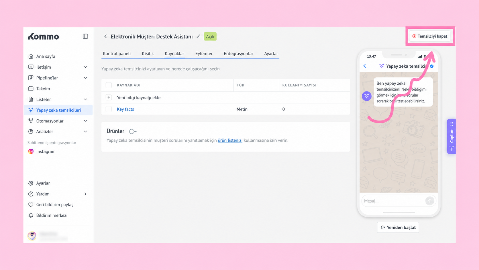 User interface showing AI assistant settings and options for customer support.