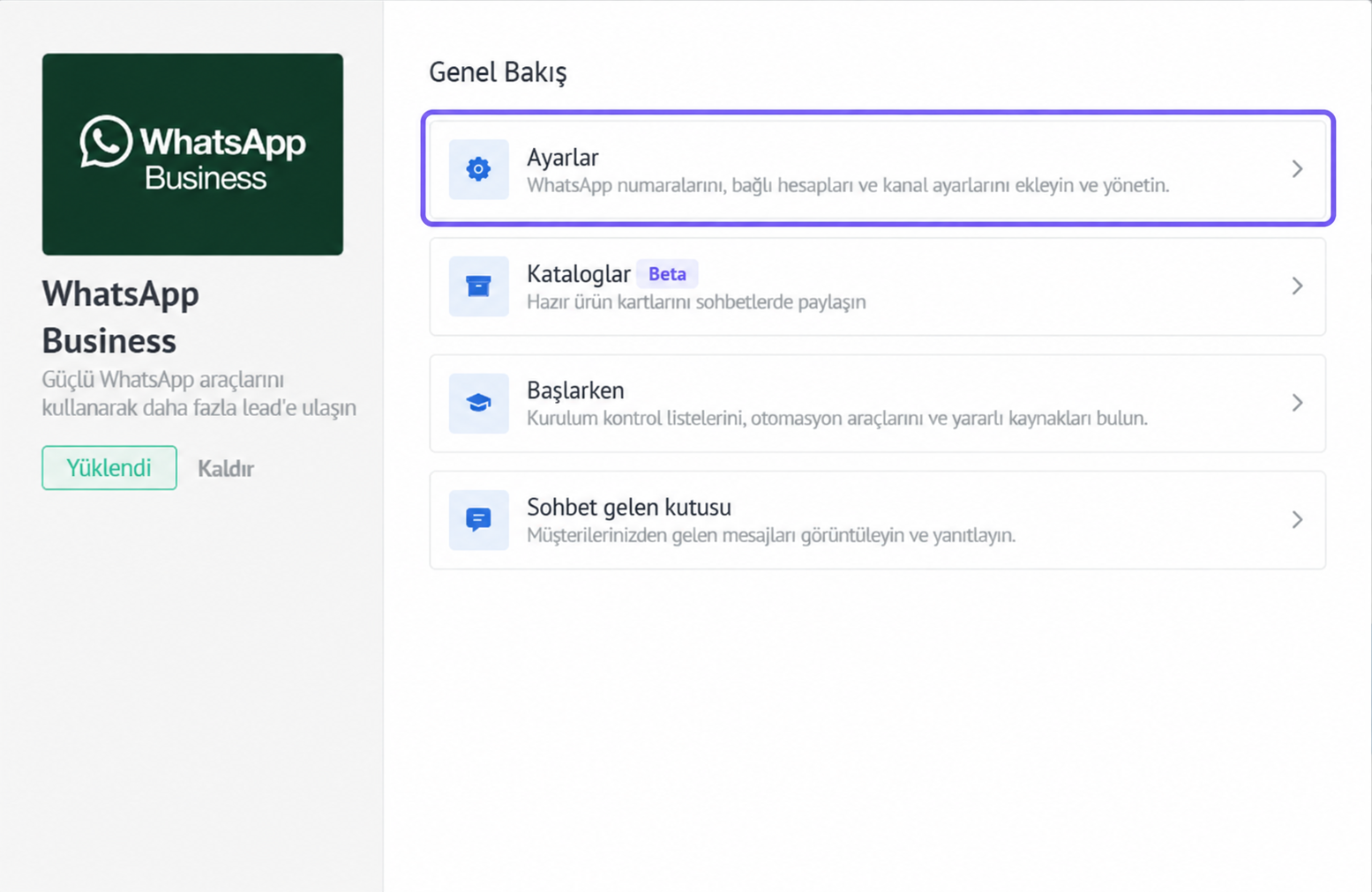 WhatsApp Business settings page with highlighted options for account management and catalogs.
