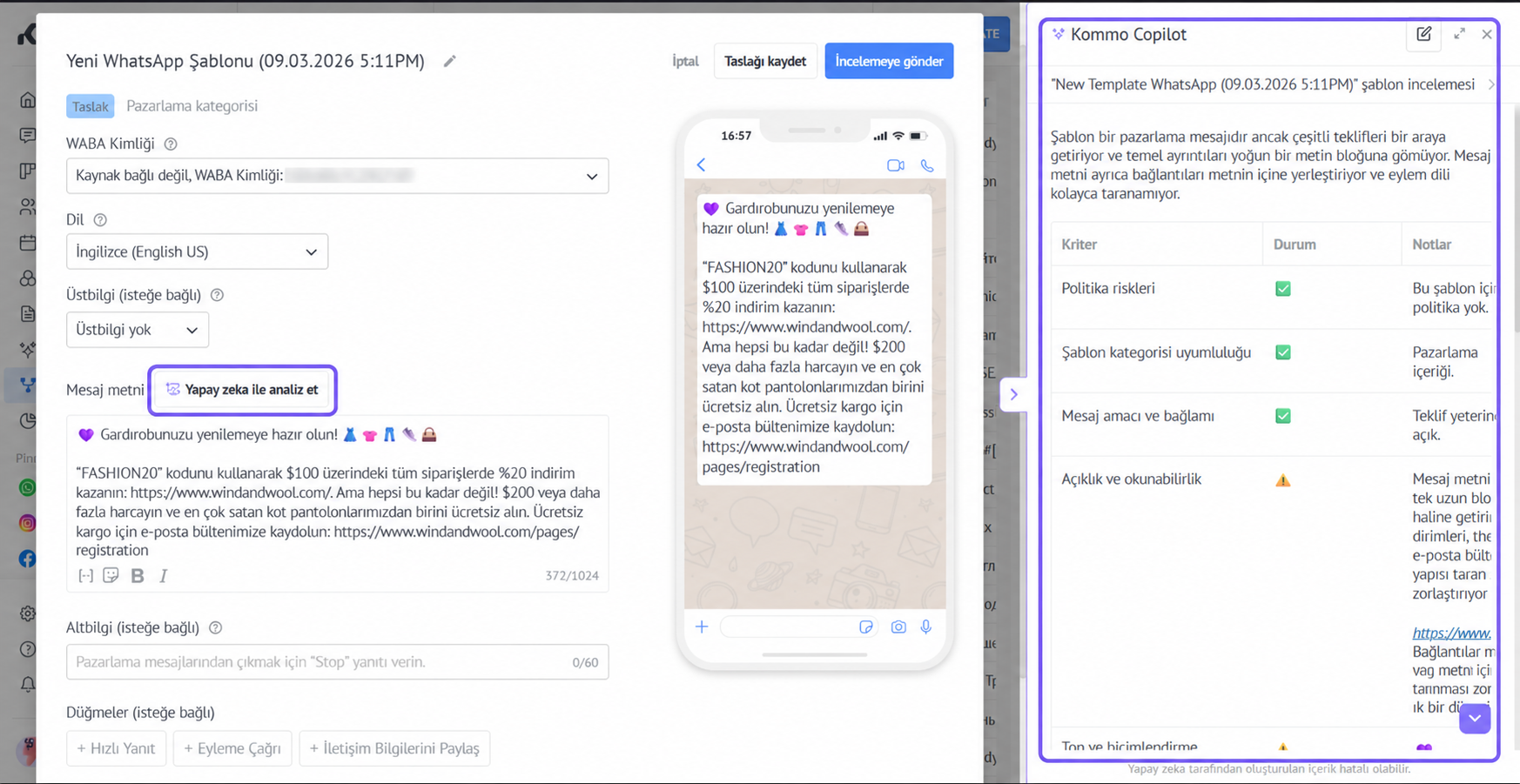 WhatsApp template showcasing promotional message and analysis feature for marketing purposes.