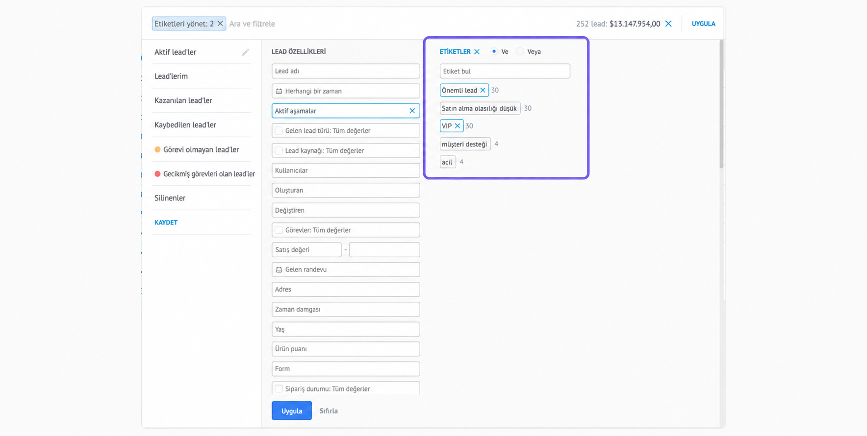 Interface displaying lead management options and various lead categories for selection.