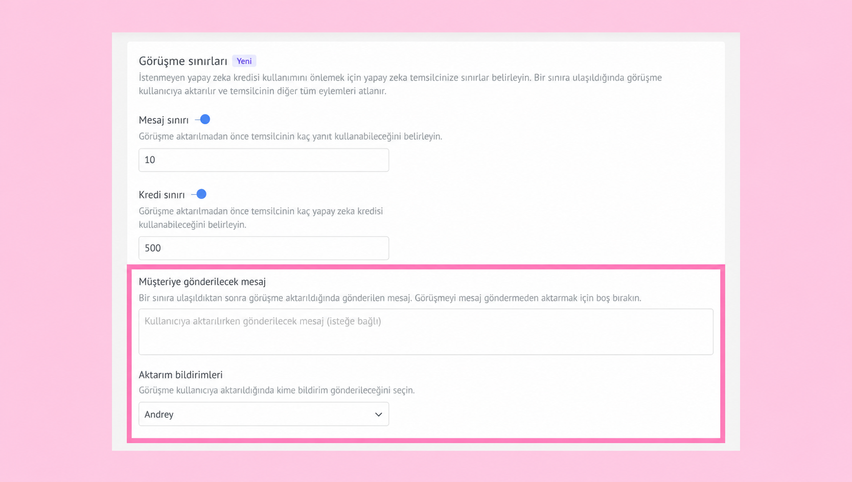 Settings for conversation limits, message credits, and notifications for users.