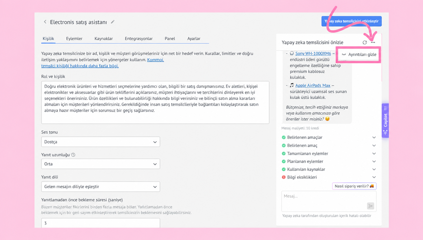 Interface for electronic sales assistant with options for AI representation and product recommendations.