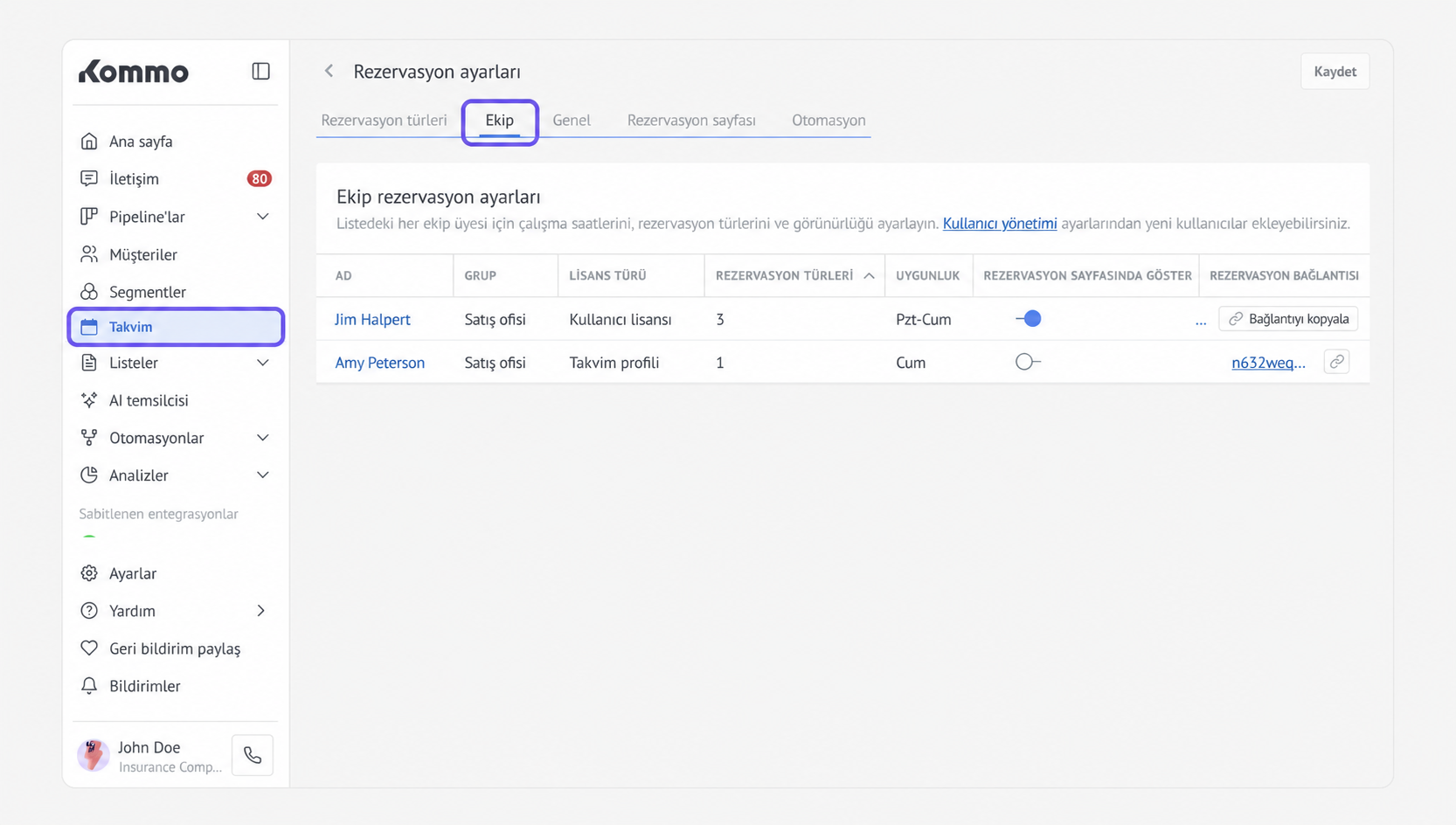 Team reservation settings with user details and options for managing reservations.