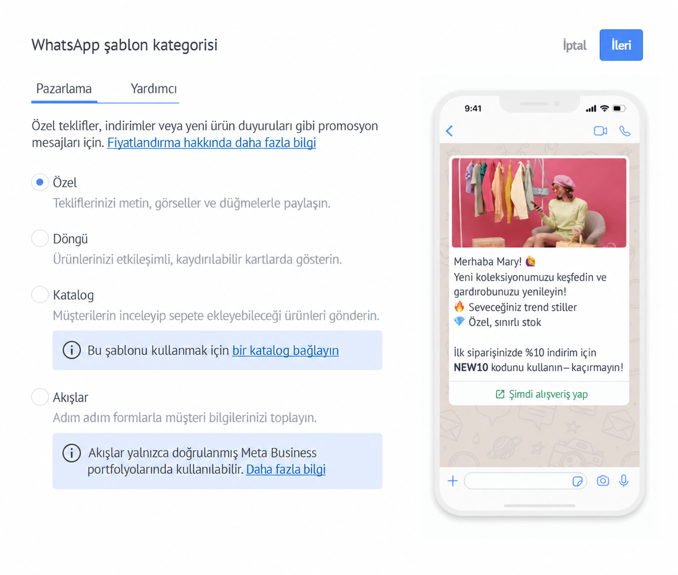 WhatsApp template categories for marketing, catalog, and flow options with highlighted details.