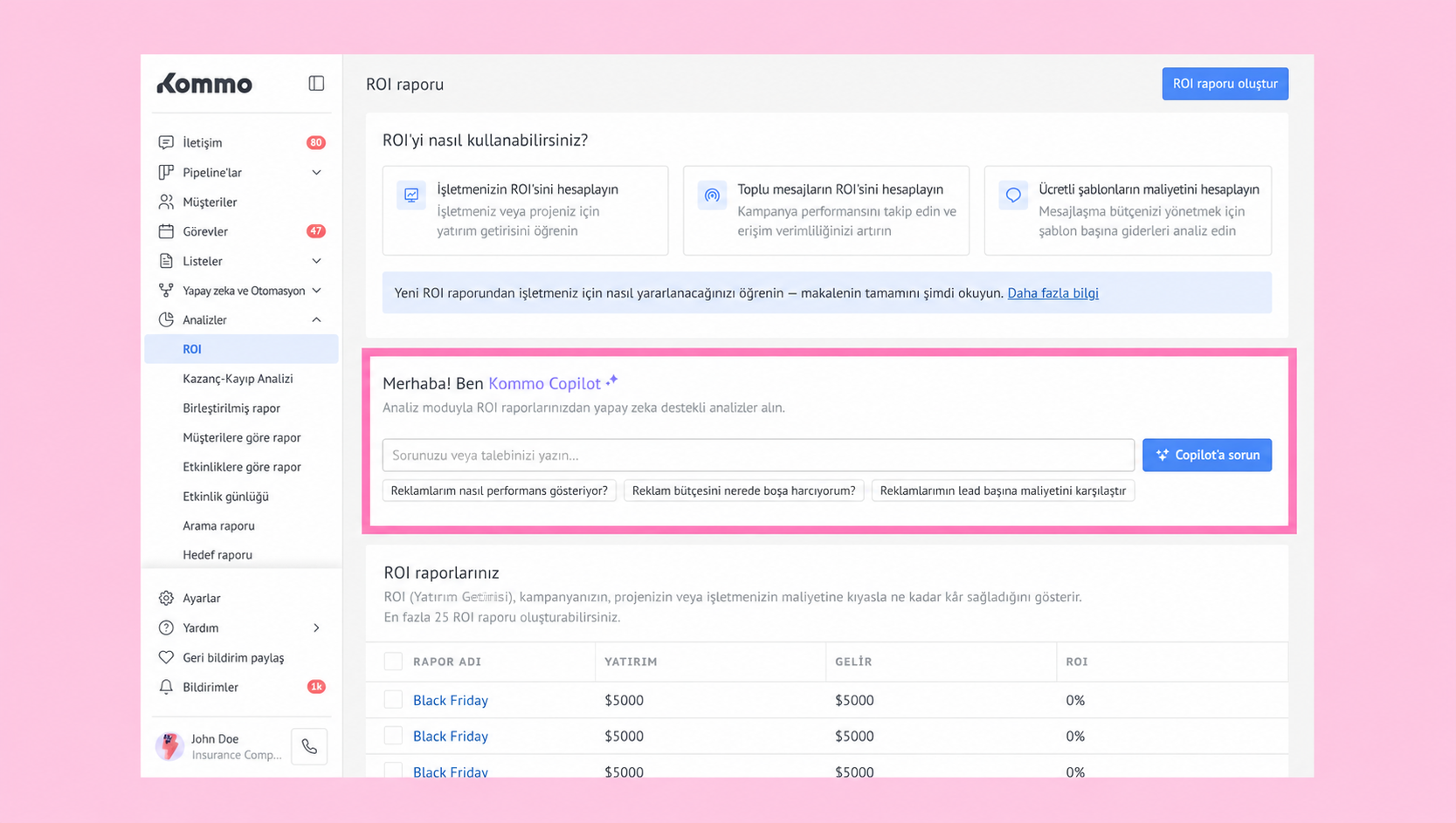 Kommo dashboard displaying ROI report options and user interaction prompts for analysis.