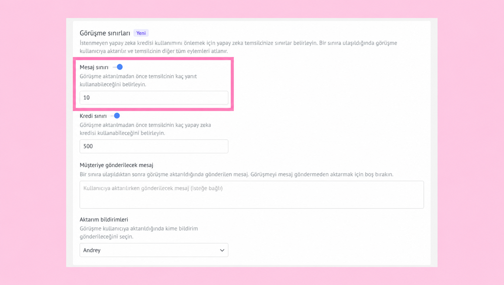 Settings for message and credit limits in a user interface for AI interactions.