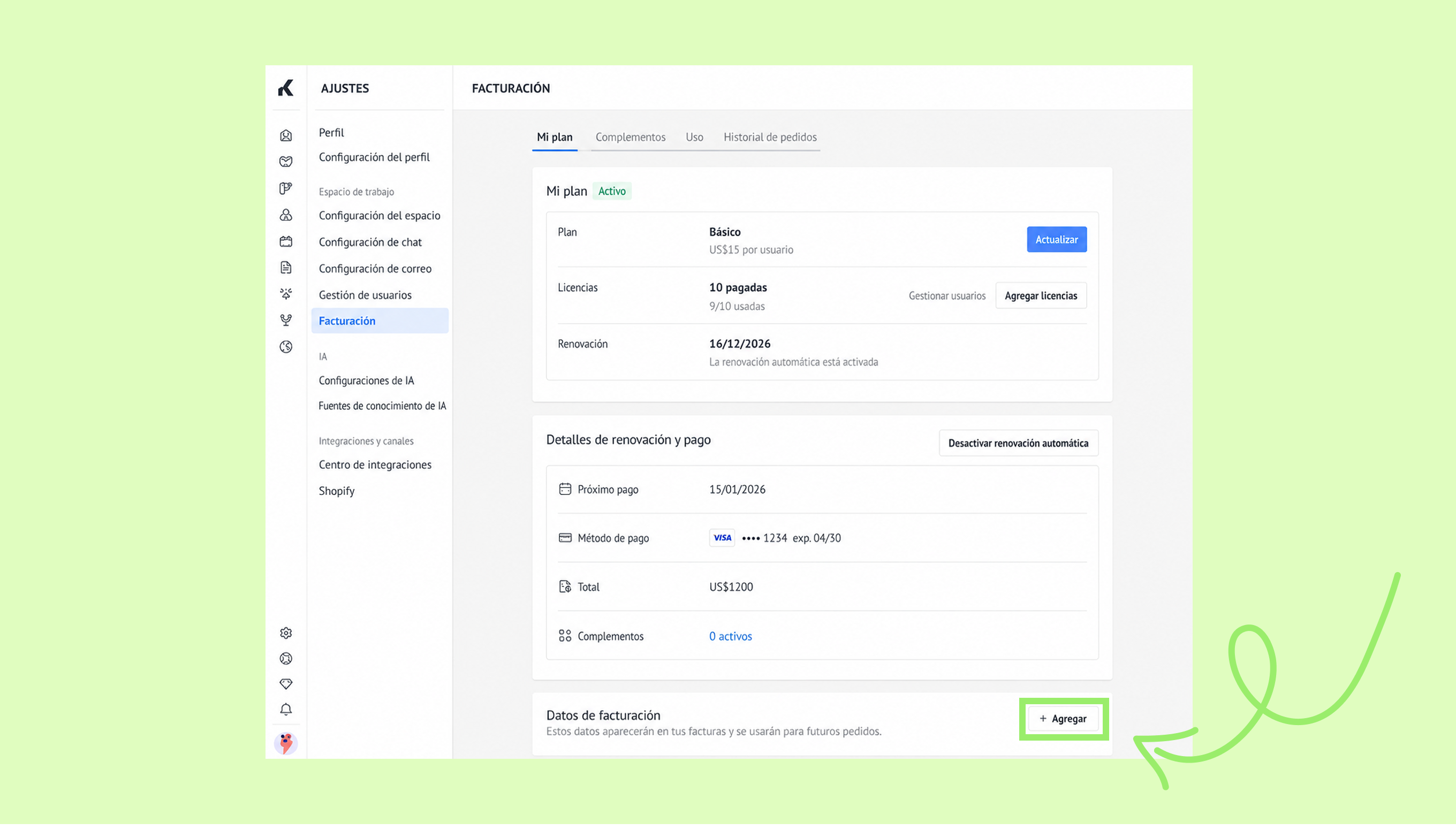 Billing settings showing plan details, payment method, and options to add licenses.