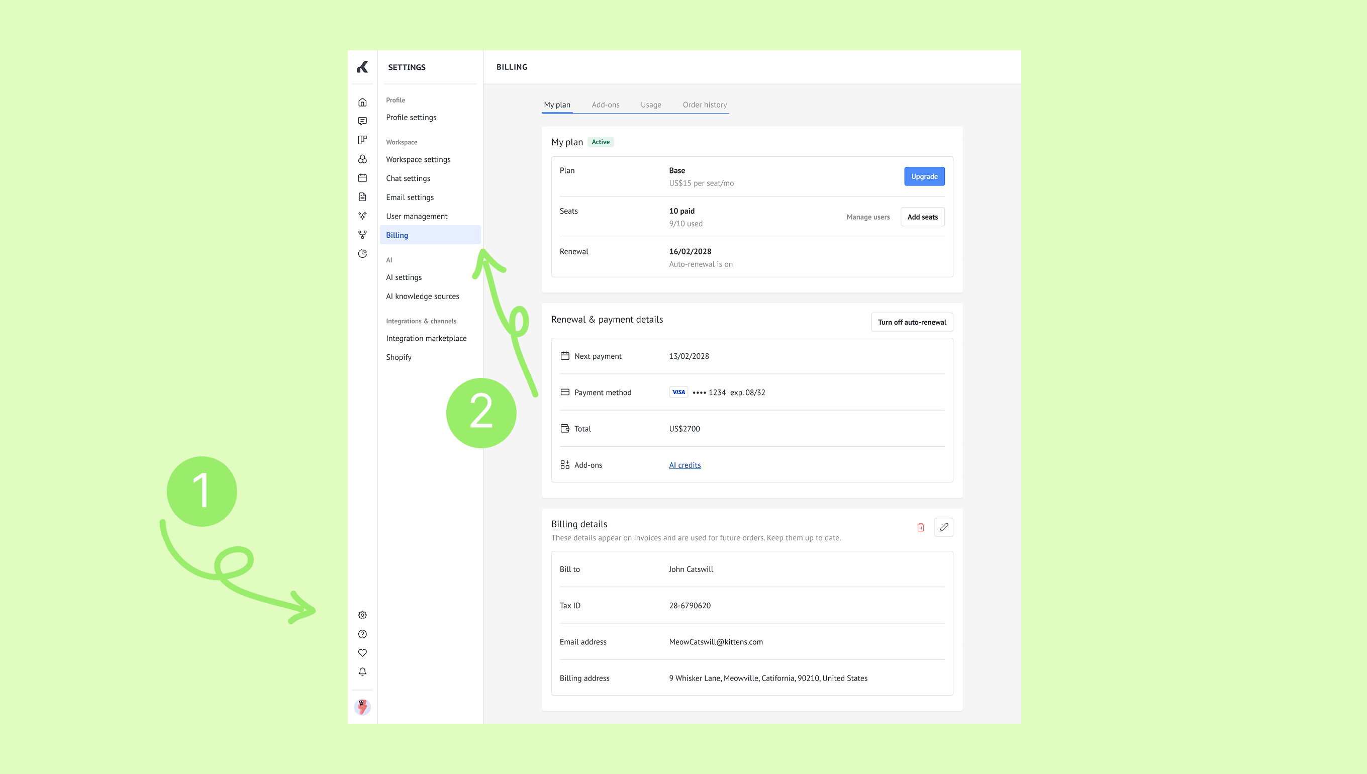 Settings page displaying billing details, payment method, and renewal information with highlighted sections.