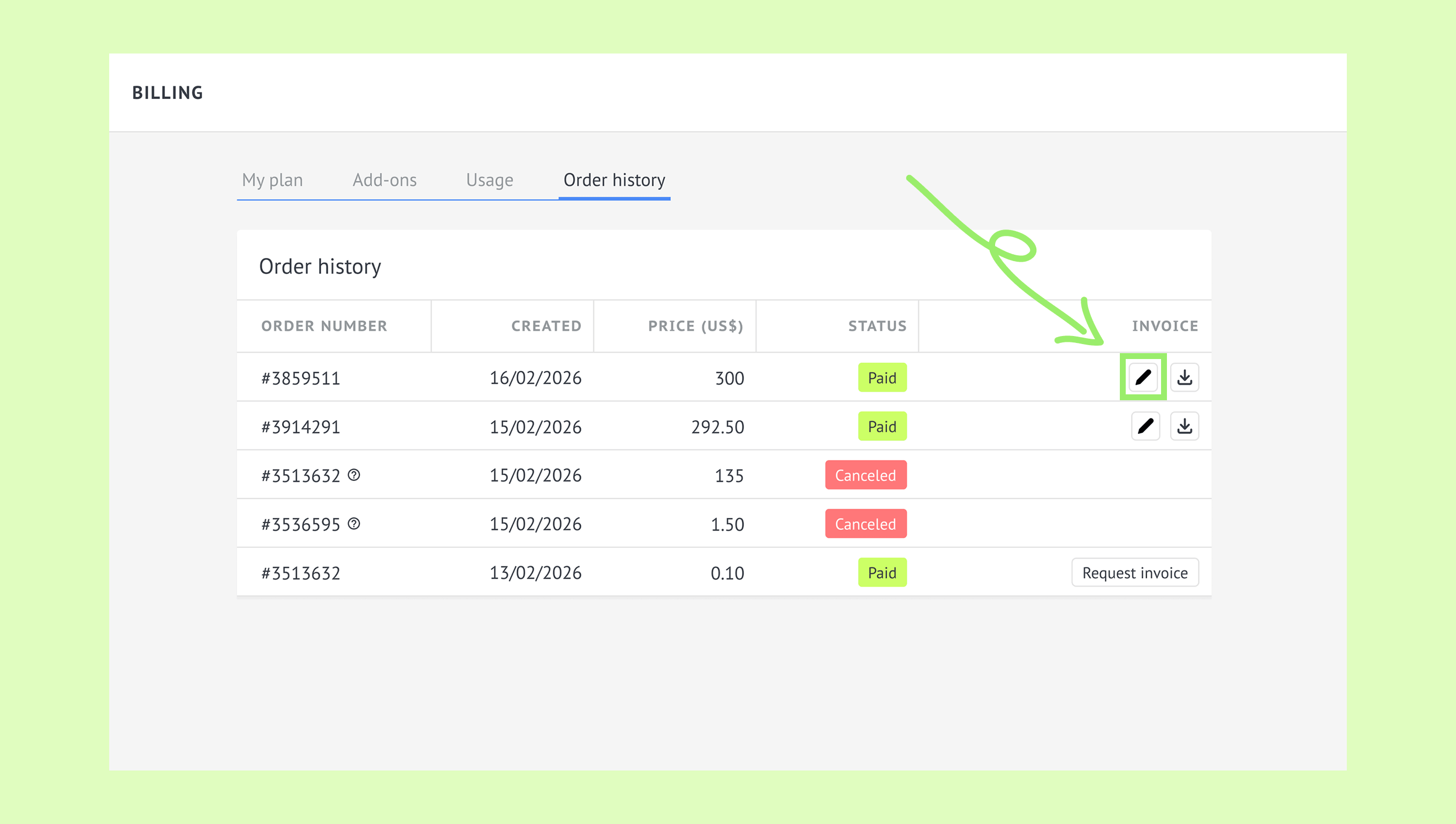 Order history table displaying invoice options for paid and canceled orders.