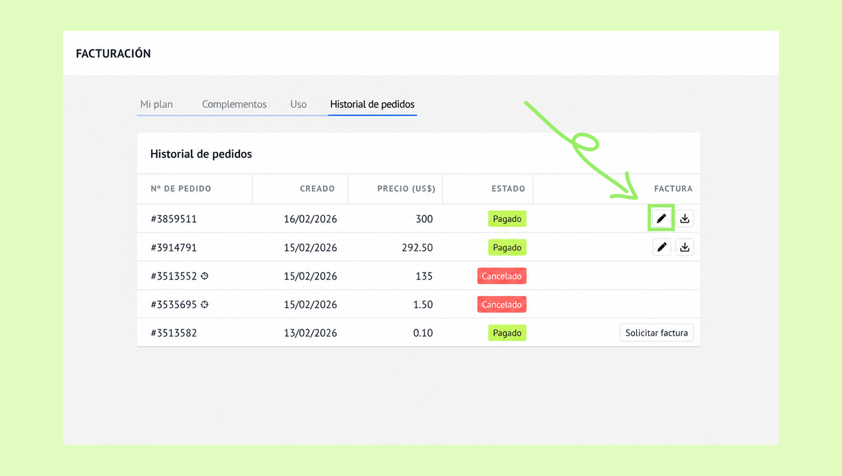 Order history table showing payment status and options to request invoices.