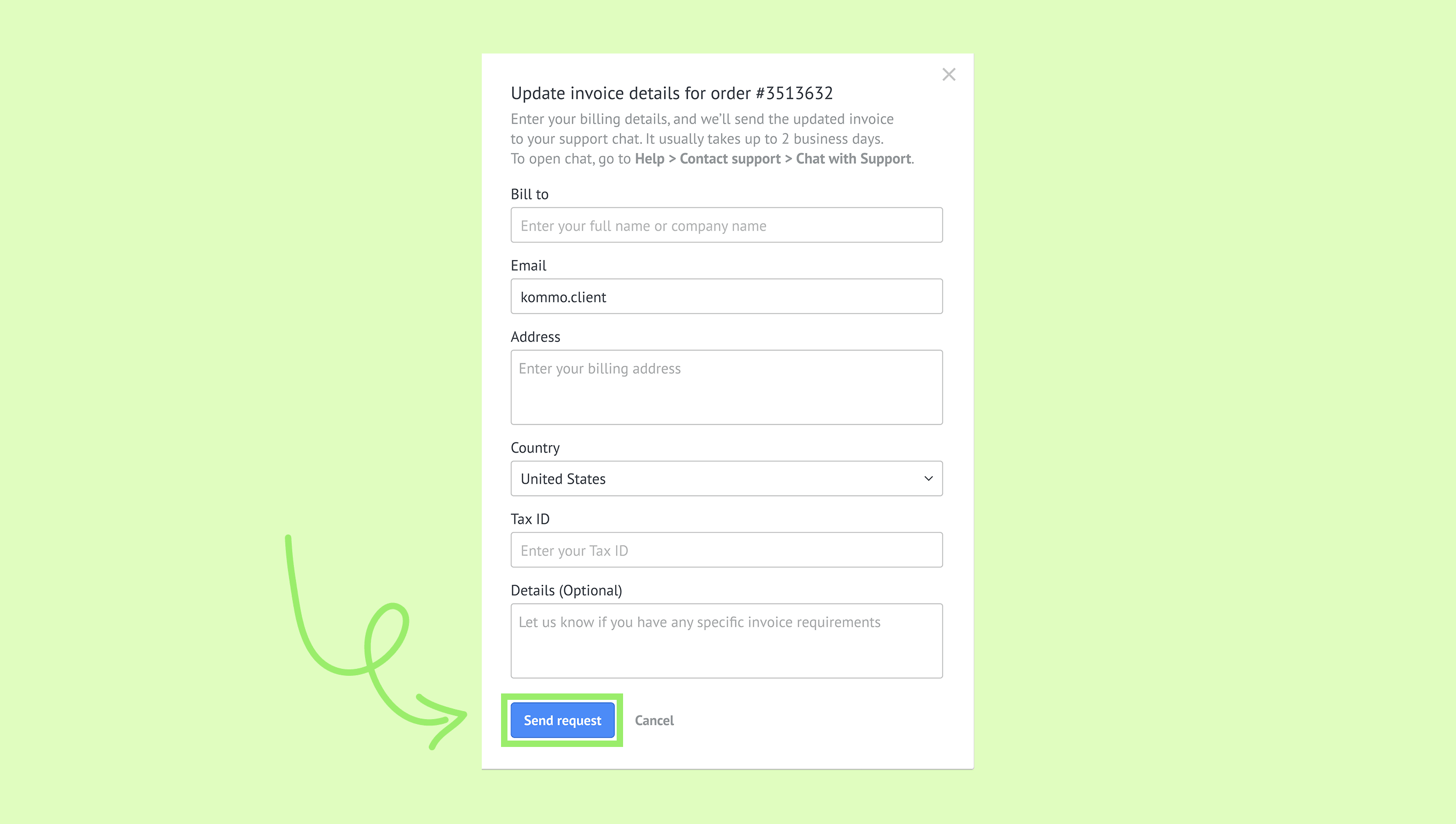 Form to update invoice details with highlighted 'Send request' button.