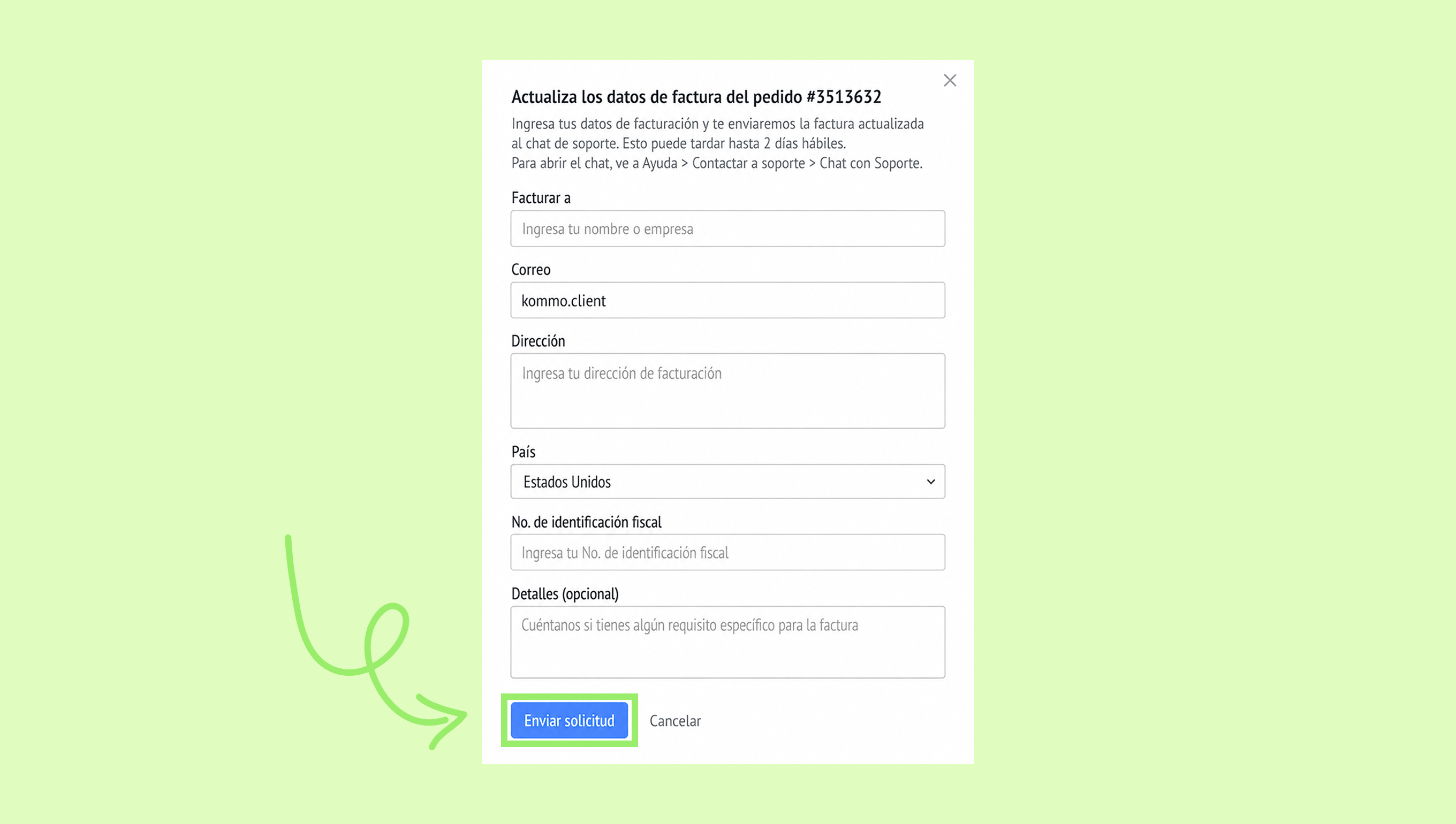 Form to update billing information for order #3513632 with a submit button.