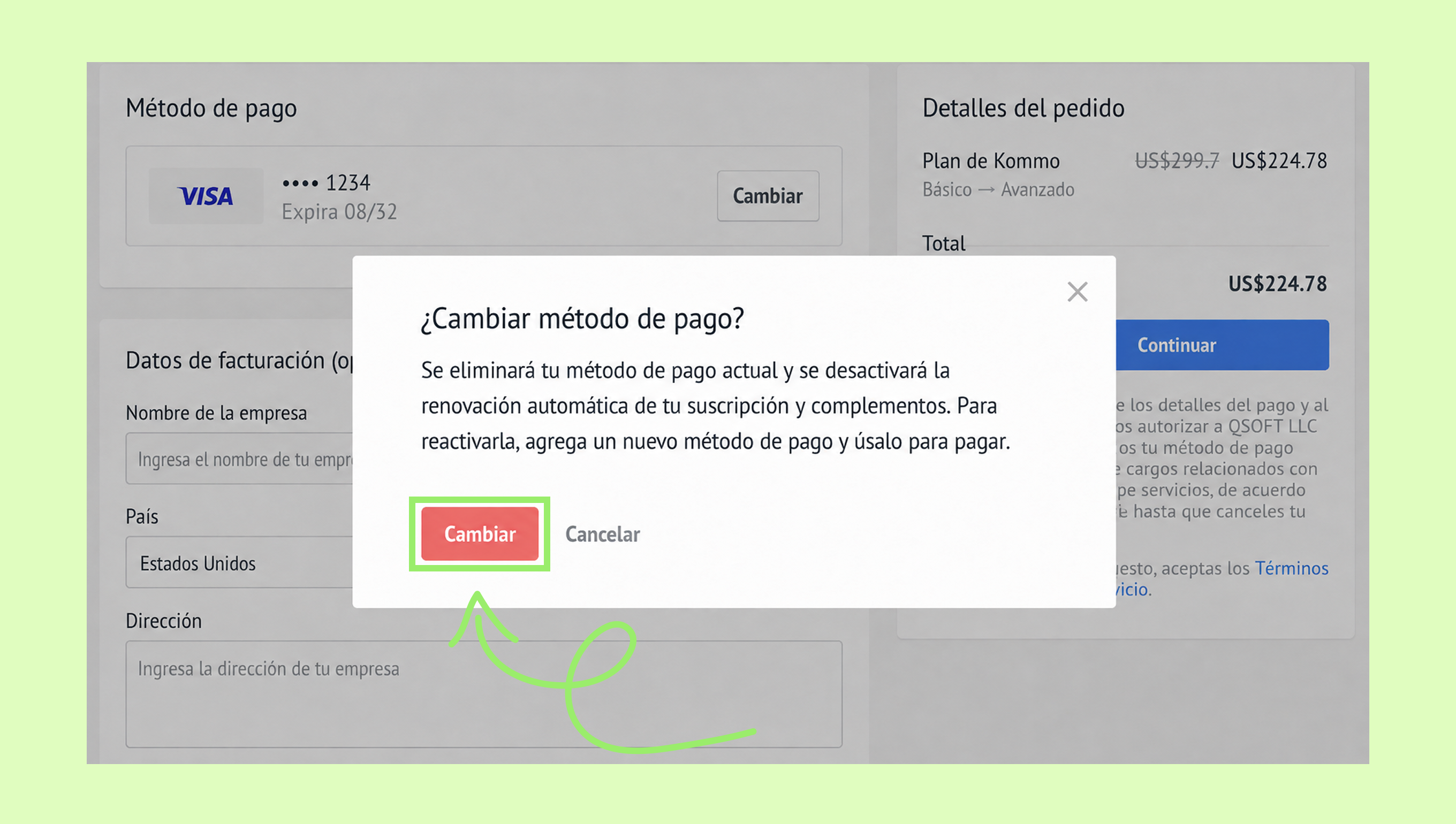 Prompt to change payment method with highlighted button and cancellation option.