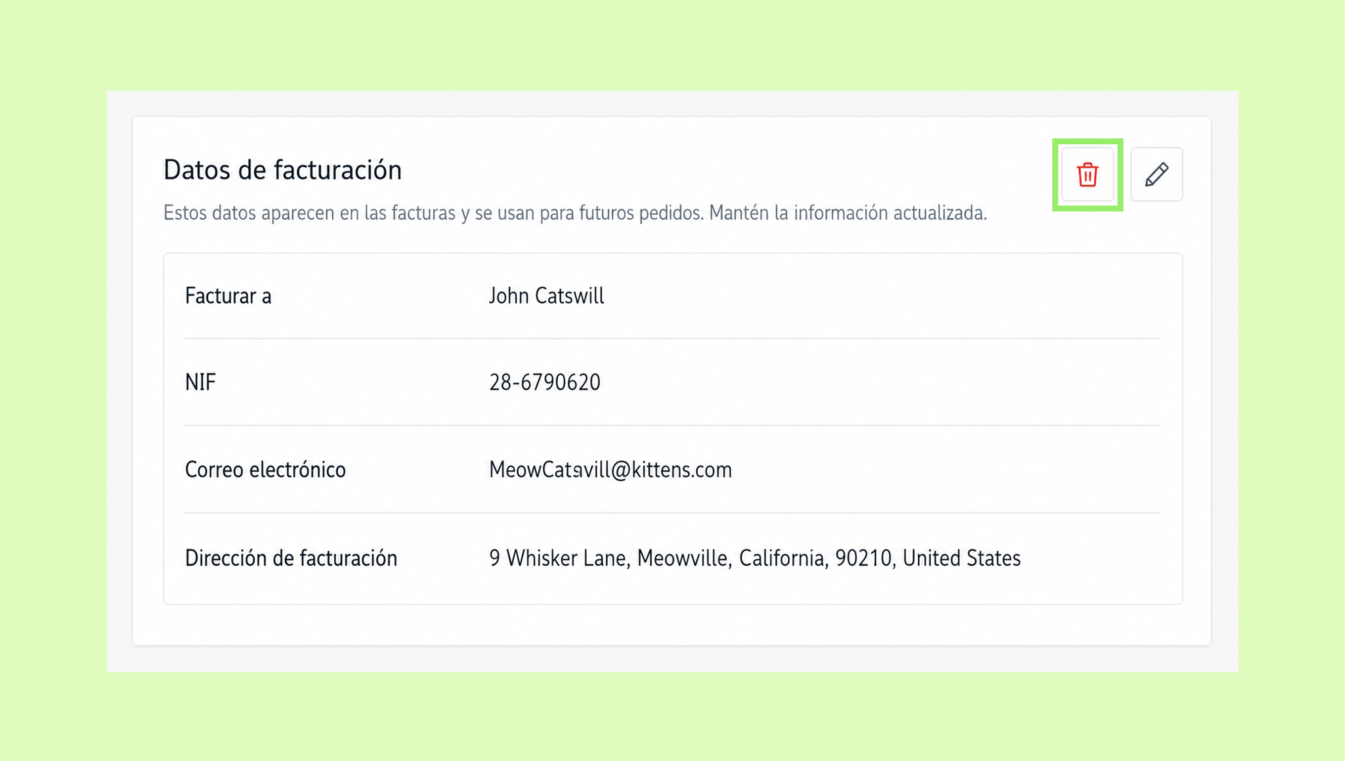 Billing information for John Catswill, including email and address details.
