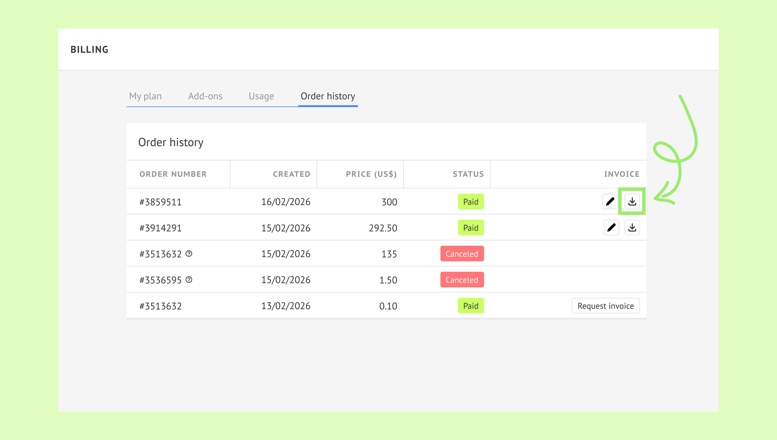 Order history table displaying payment statuses and download options for invoices.
