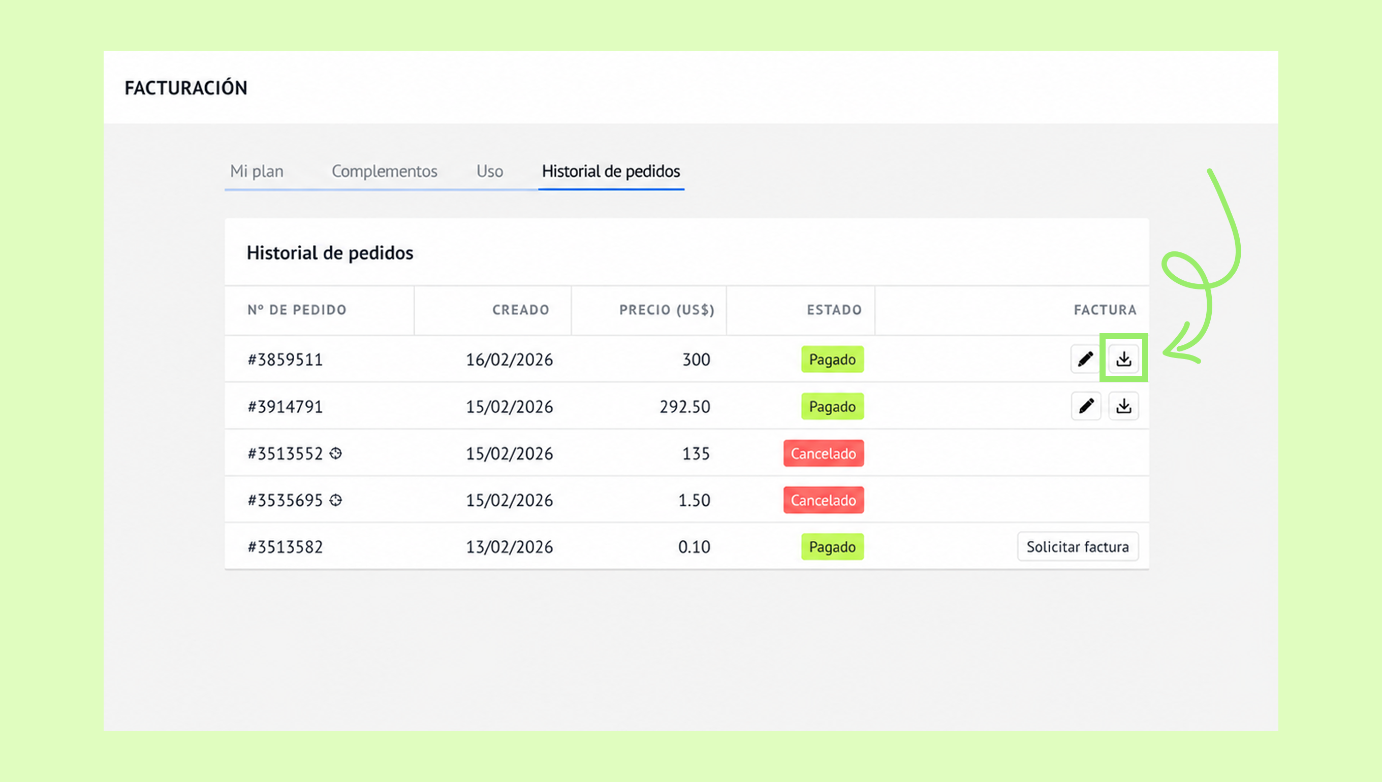 Order history table showing payment status and download options for invoices.
