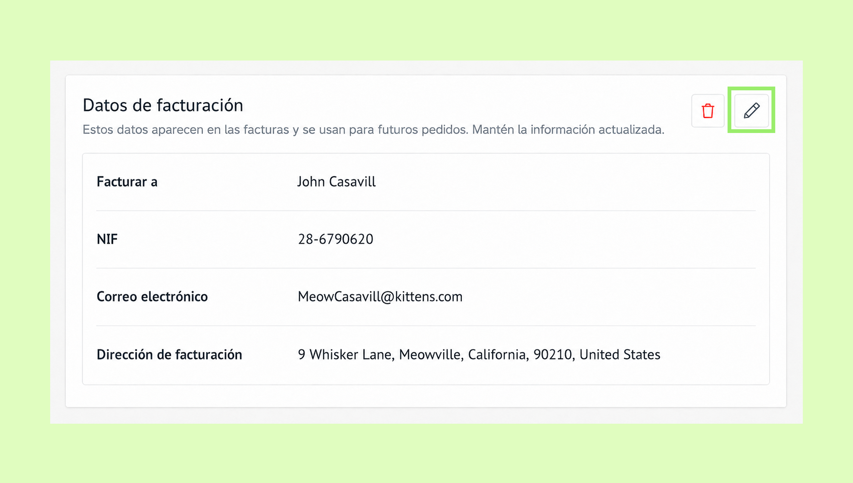 Billing information for John Casavill, including NIF and email address details.