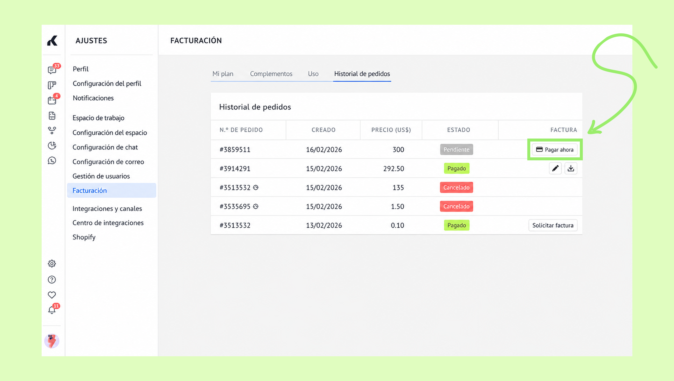 Order history with payment status and options to pay now or request invoice.