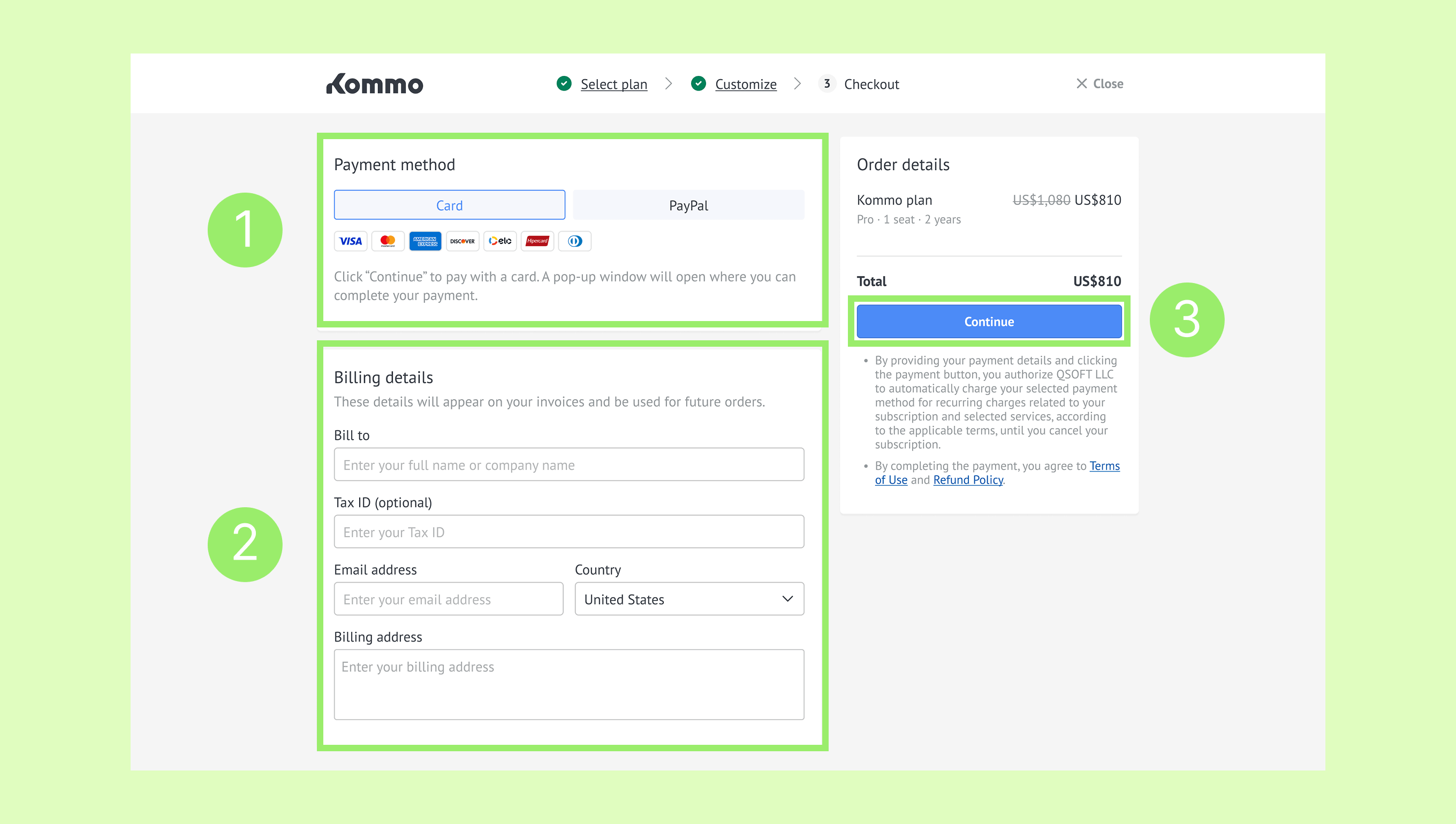 Checkout page displaying payment method, billing details, and order summary for Kommo plan.