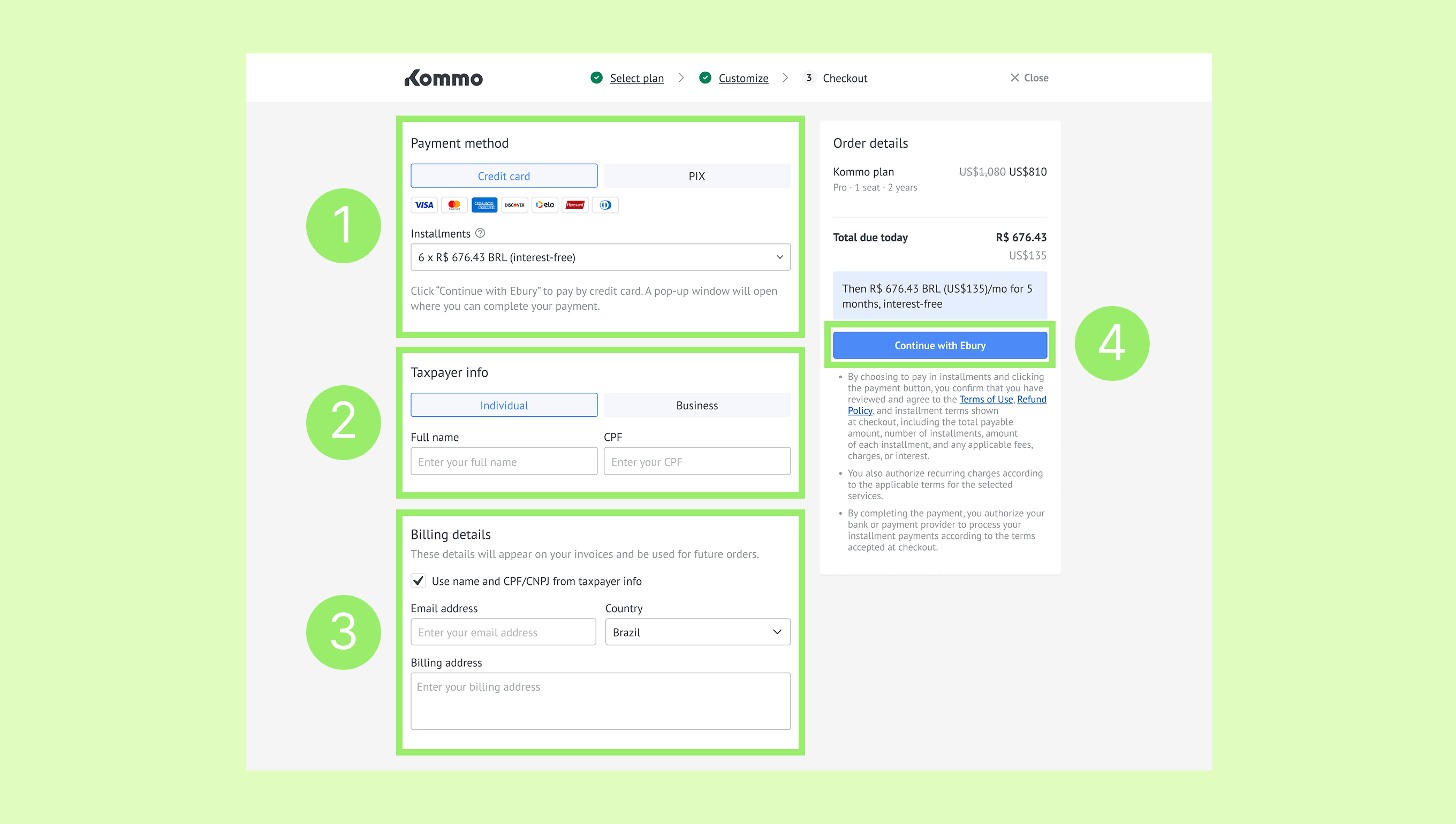 Checkout page displaying payment method, taxpayer info, and billing details sections.