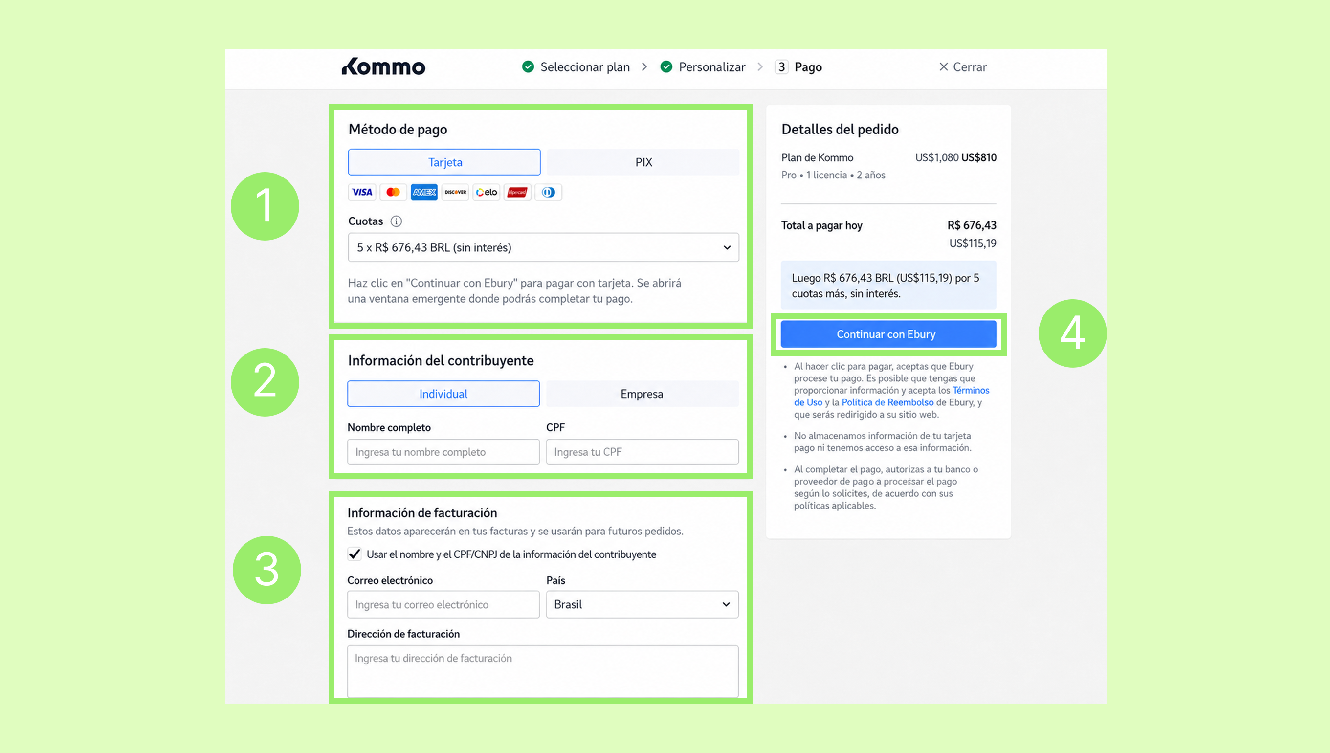 Payment method selection and contributor information for Kommo order processing.