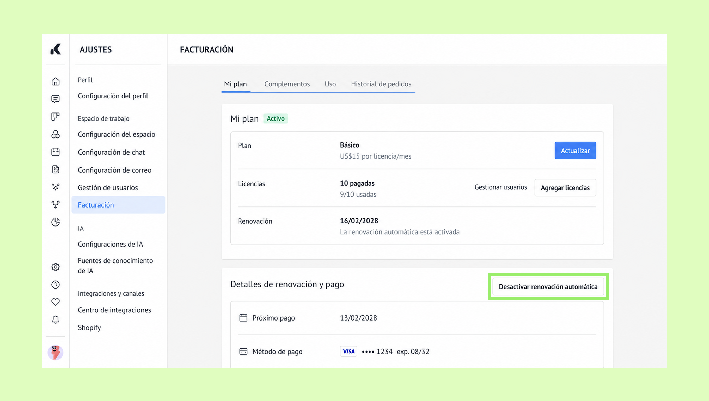 Billing settings showing plan details, payment method, and option to disable auto-renewal.