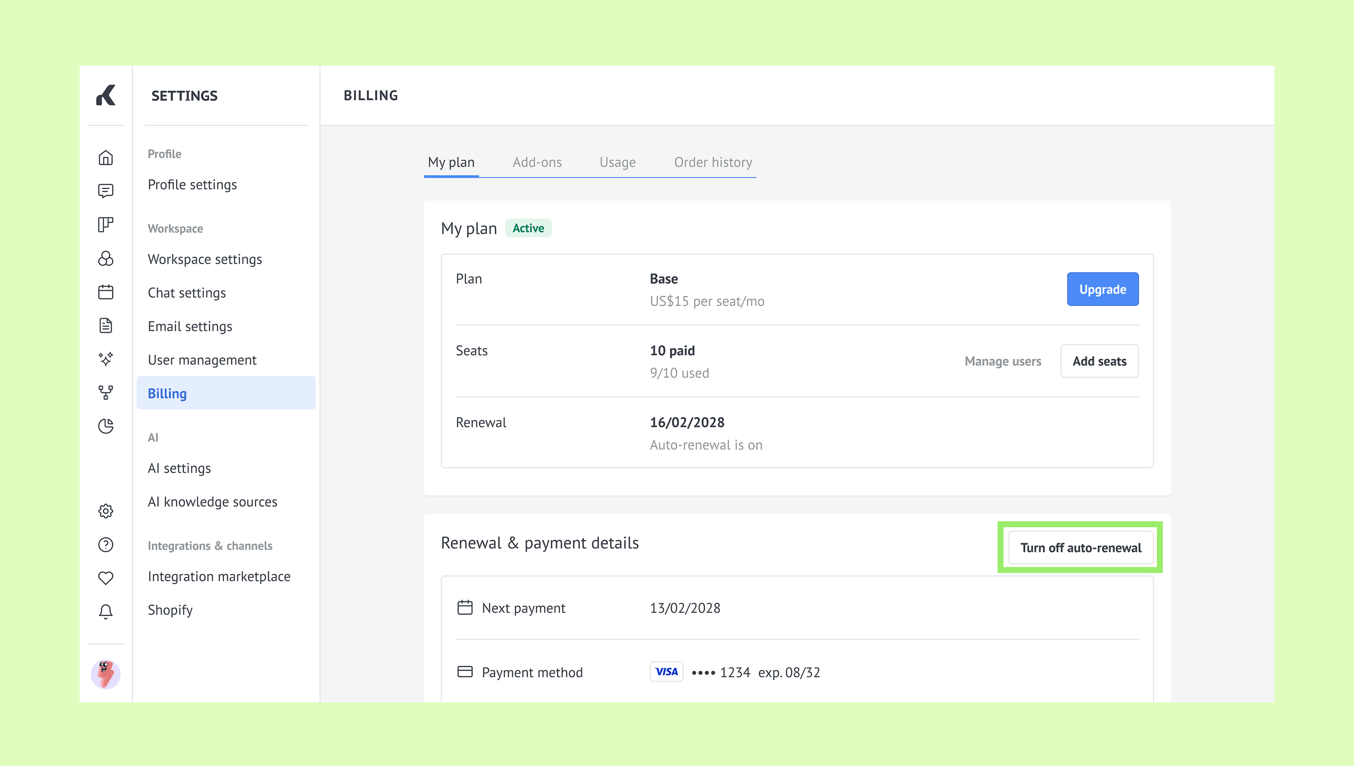 Billing settings showing plan details, payment method, and option to turn off auto-renewal.