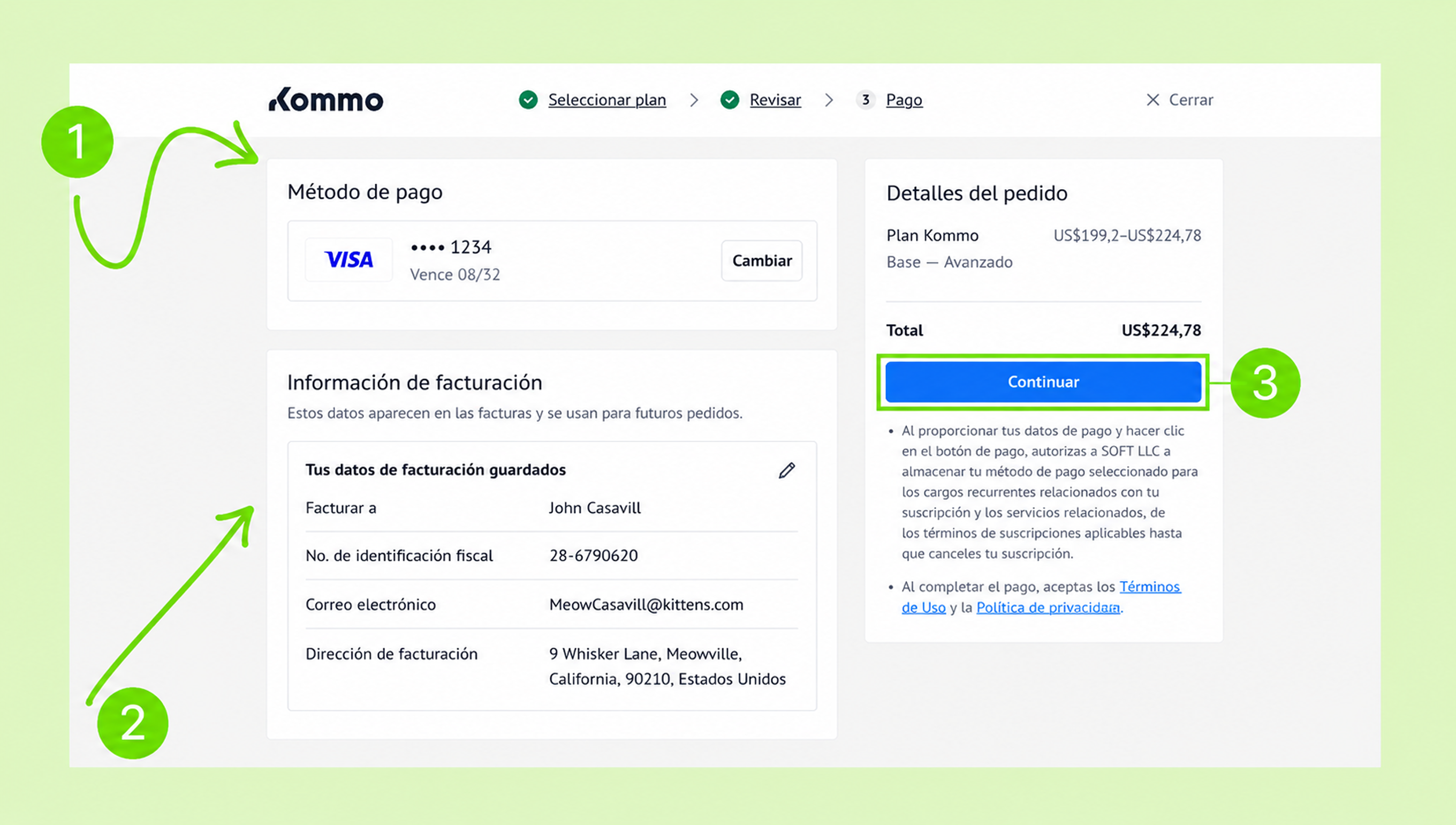 Payment method selection and billing information for Kommo order confirmation process.