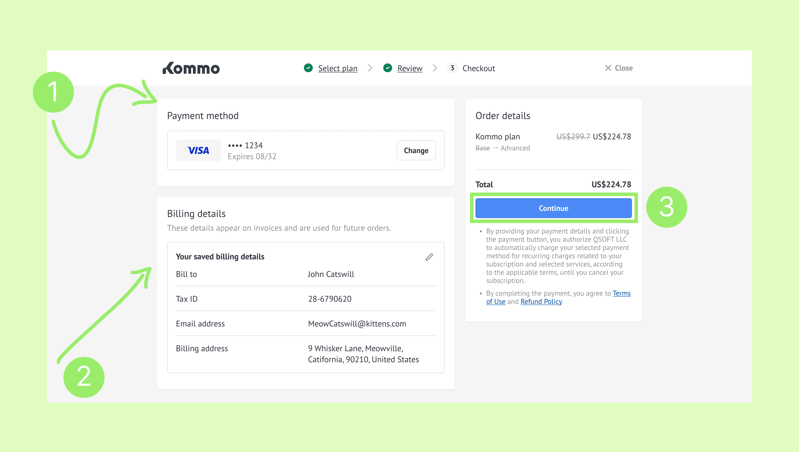 Payment method selection and billing details for Kommo subscription checkout process.