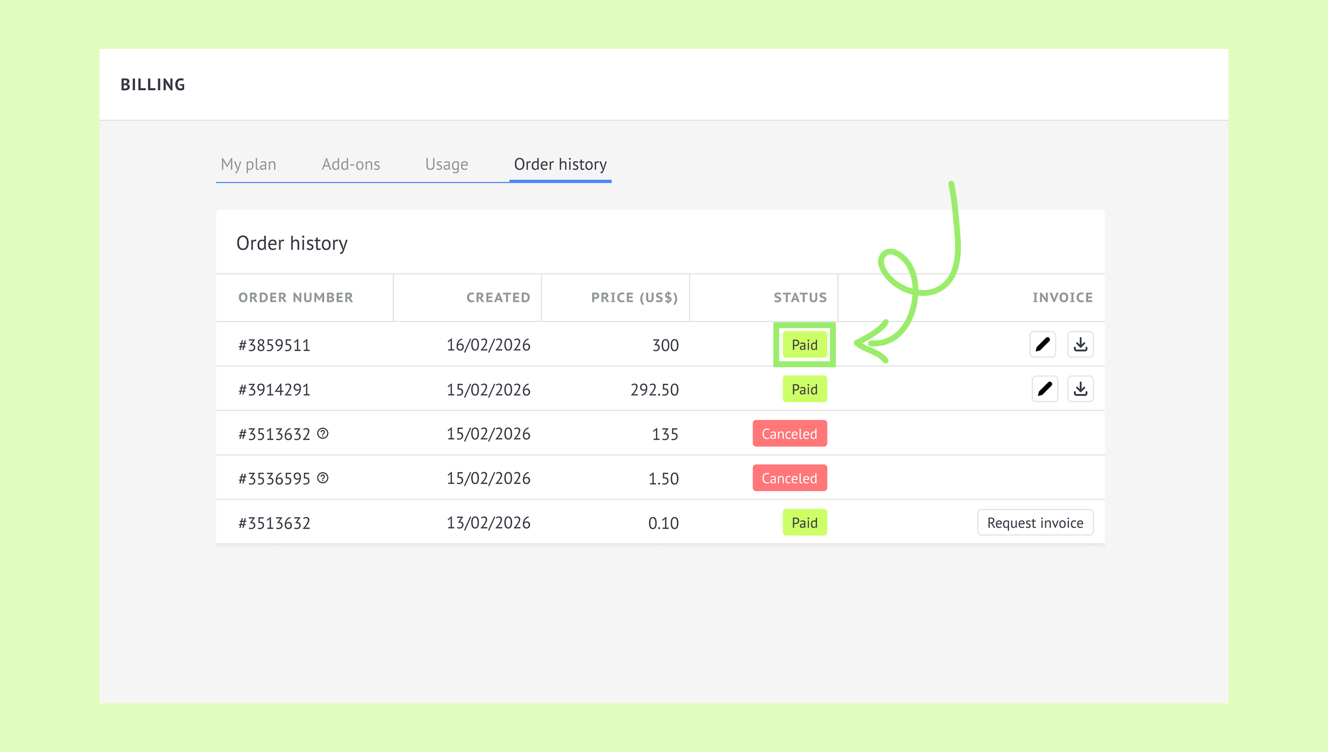 Order history table showing paid and canceled statuses for various transactions.