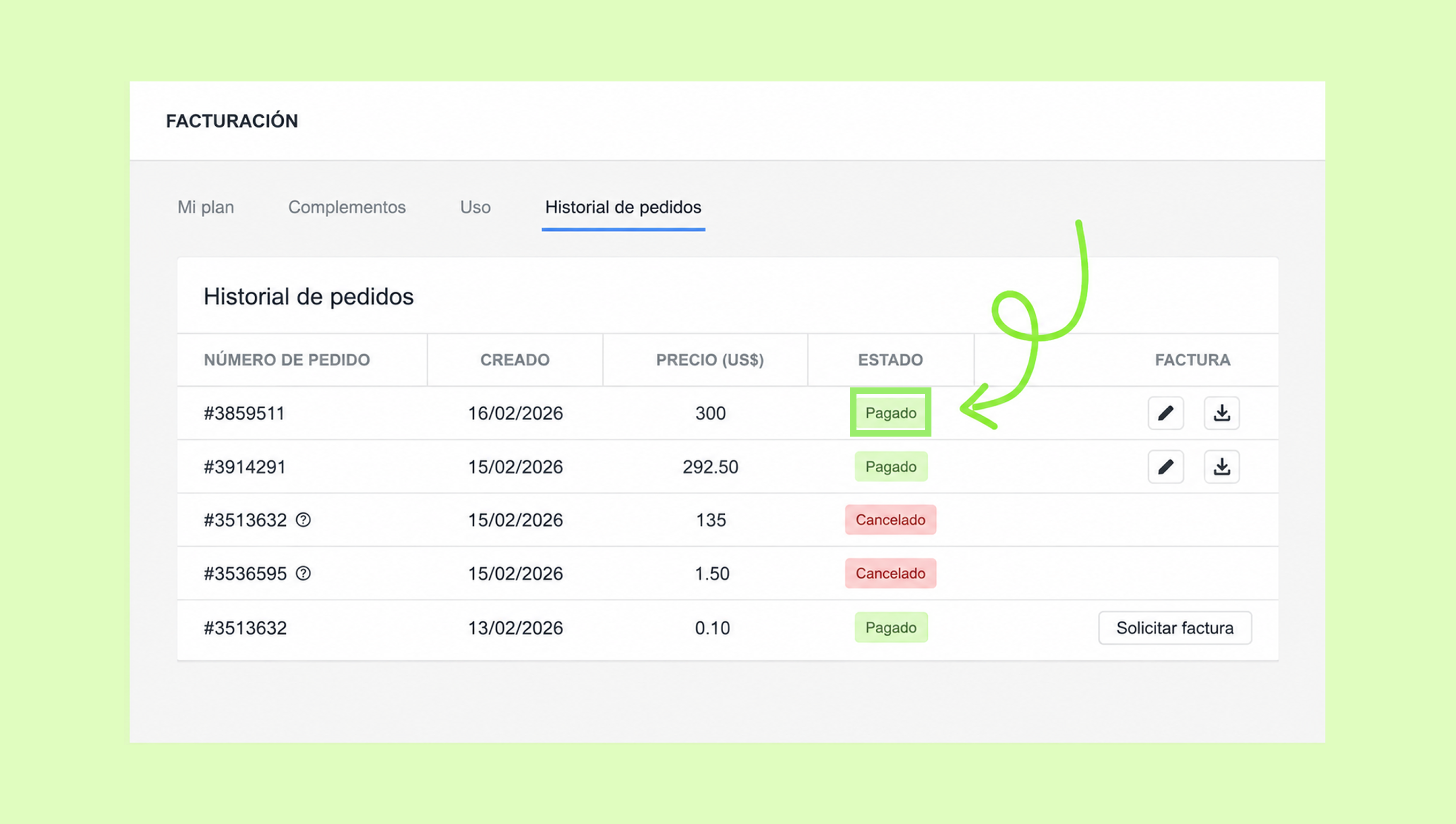Order history table showing payment statuses for various orders.