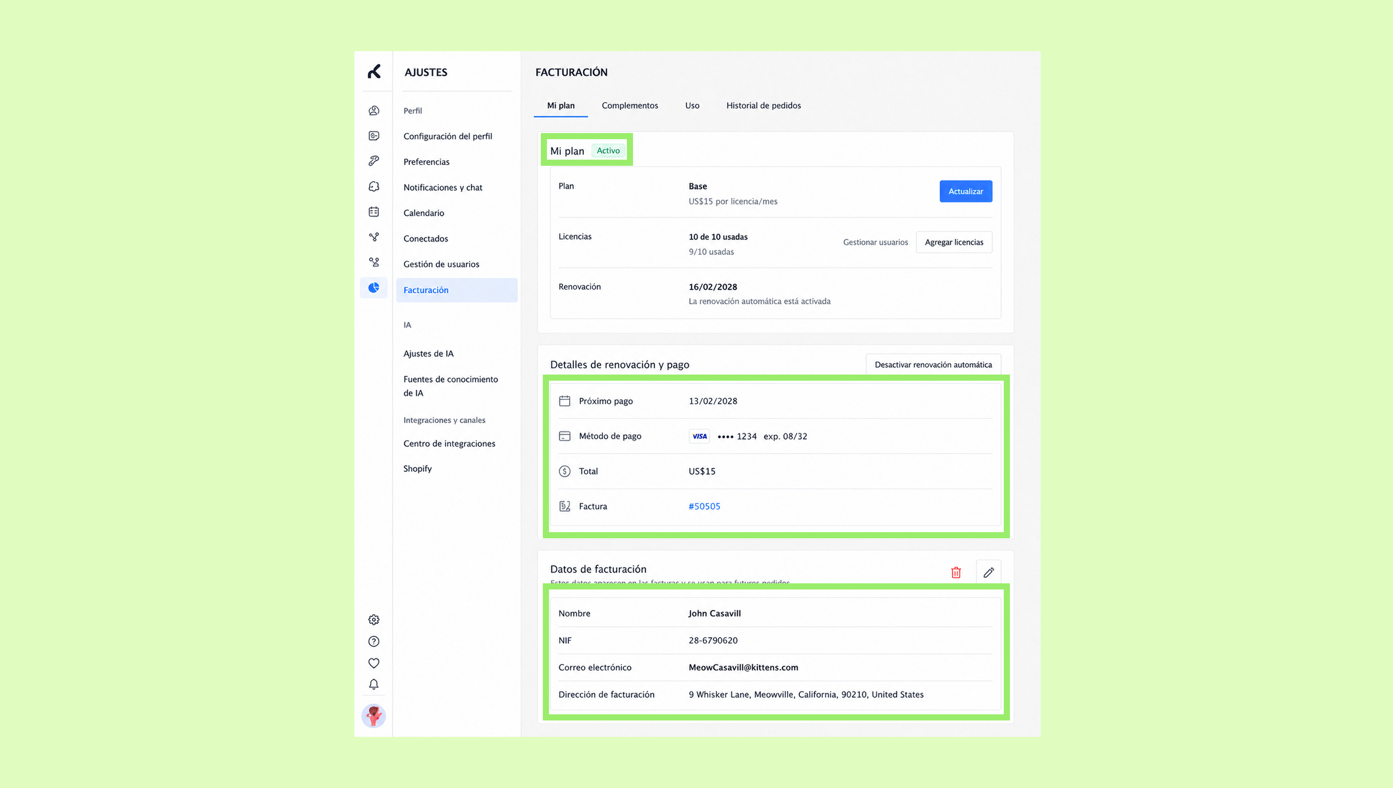 Billing settings showing plan details, payment information, and user data for account management.