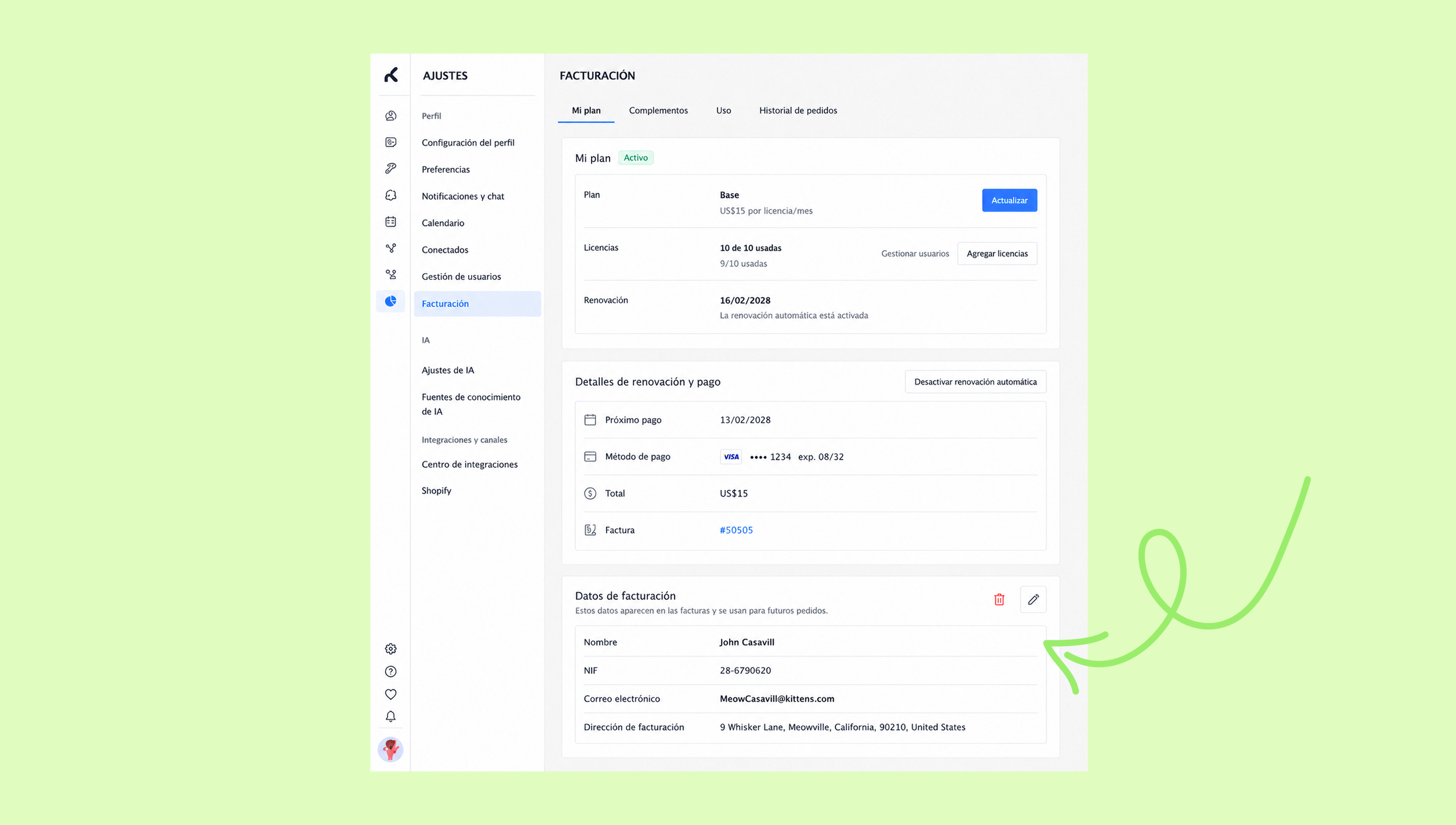 Billing settings showing plan details, payment method, and user information for account management.
