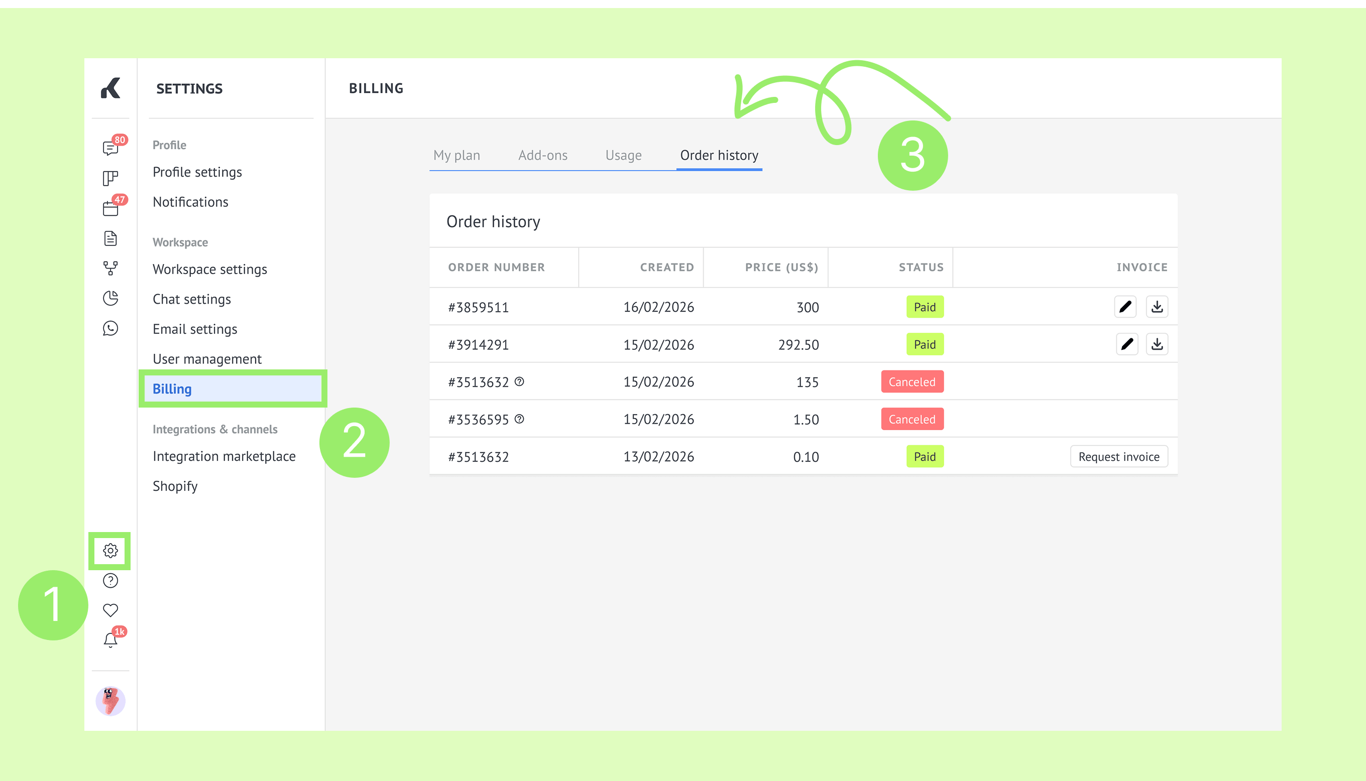 Billing settings page showing order history with payment statuses and invoice options.