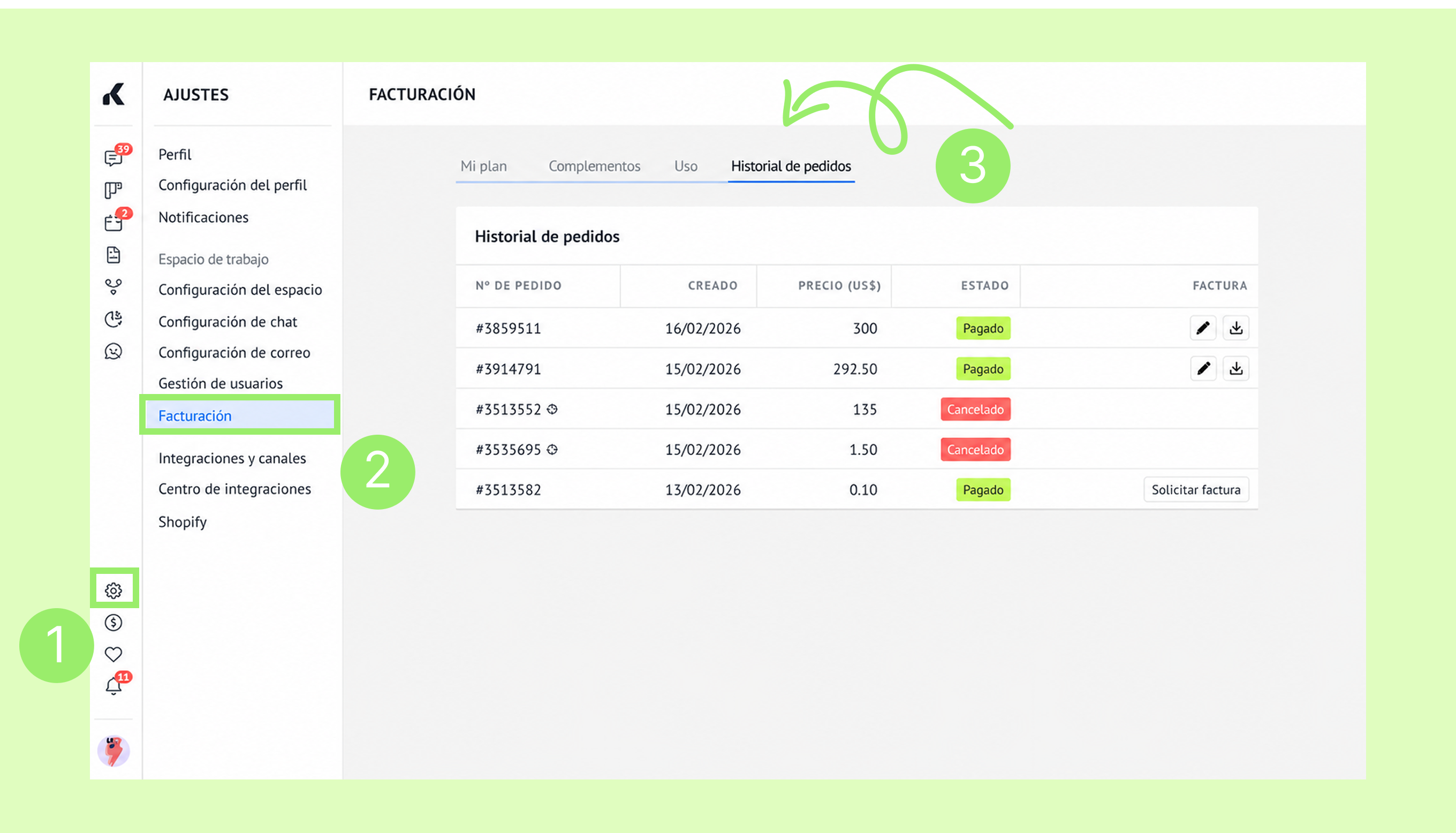 Billing section displaying order history with payment statuses and invoice options.
