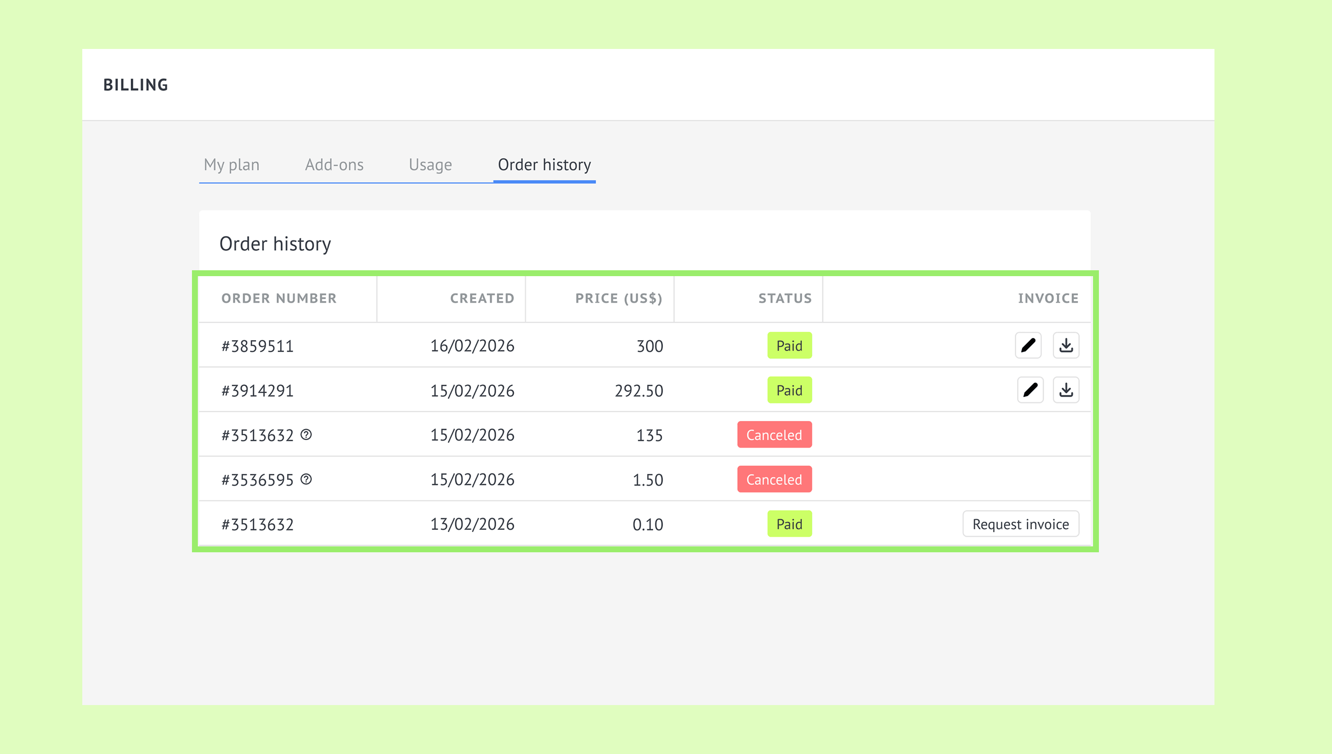 Table displaying order history with details on status, price, and invoice options.