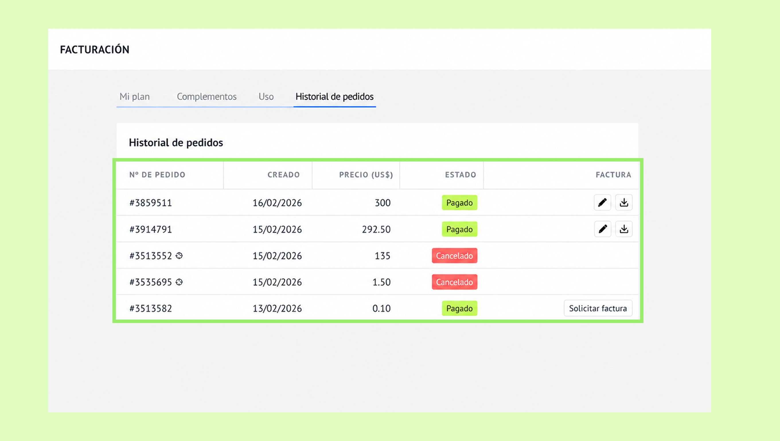 Order history table showing payment status and details for various transactions.
