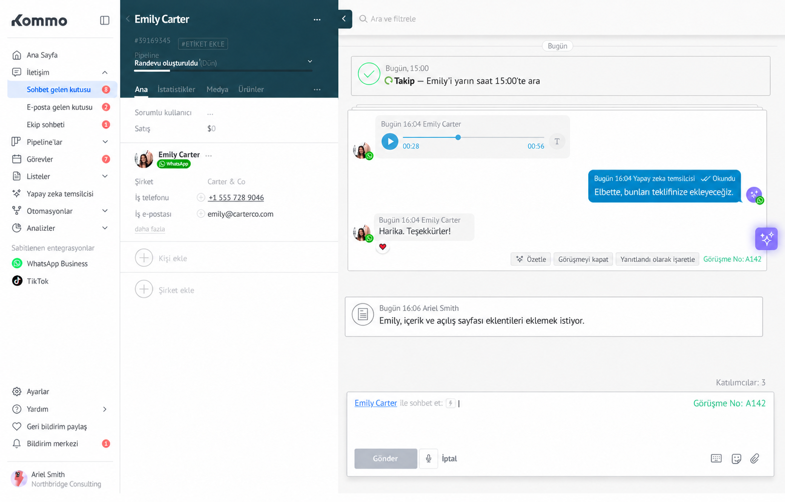 Chat interface showing messages between Emily Carter and Ariel Smith discussing project details.